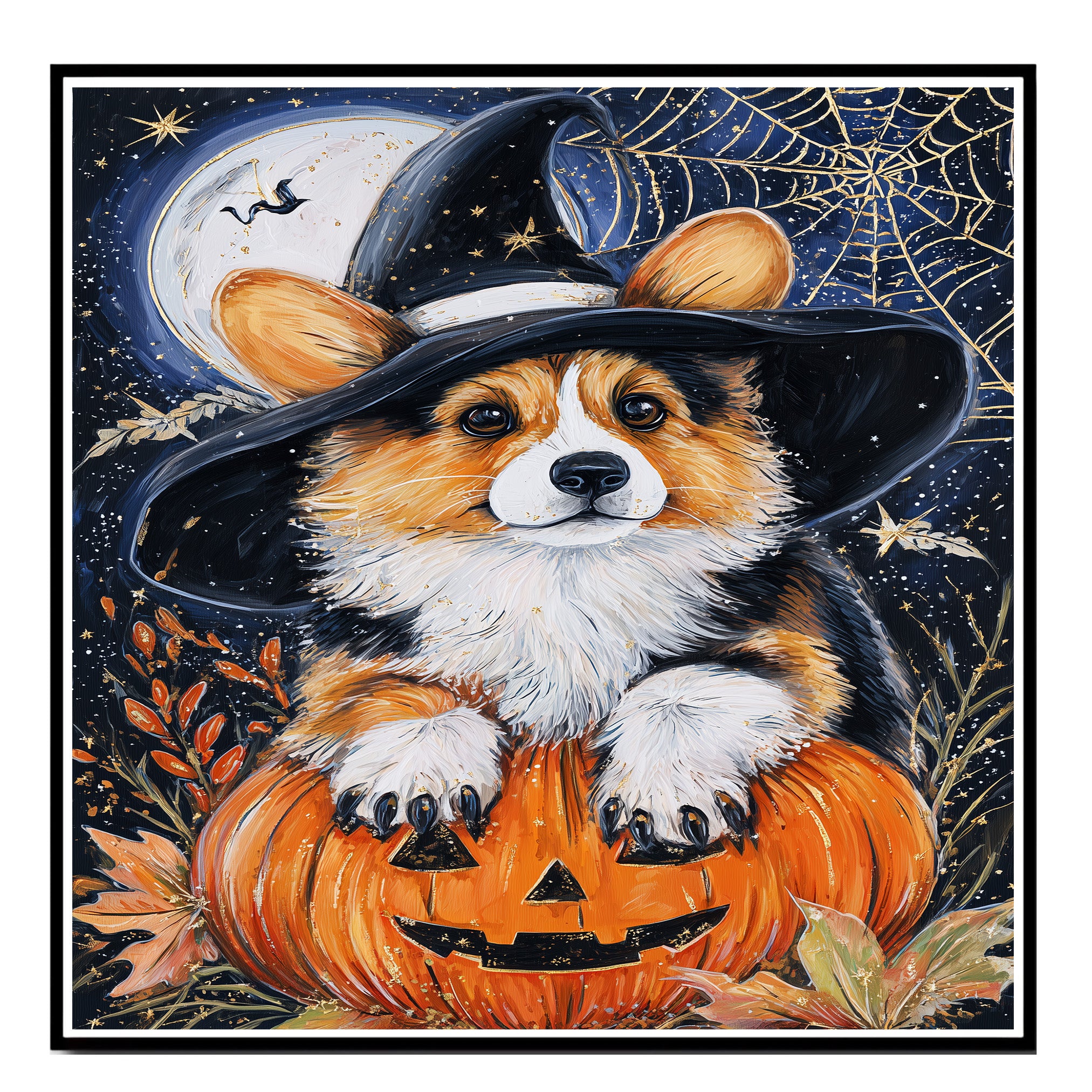 Halloween Corgi Puppy Canvas Wall Art Print for Dog Lovers Seasonal Gift Living Room Kids Room and Holiday Decor on Ready to Hang 1.5" Thick Canvas Wrap, Floating Framed Canvas, Flat Rolled Canvas