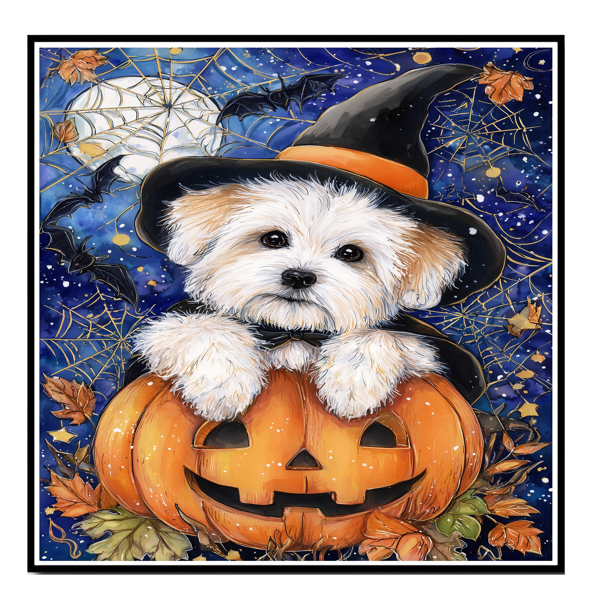 Halloween Coton de Tulear Puppy Canvas Wall Art for Dog Moms Apartment Decor Seasonal Gift and Pet Lover Home Style on Ready to Hang 1.5" Thick Canvas Wrap, Floating Framed Canvas, Flat Rolled Canvas