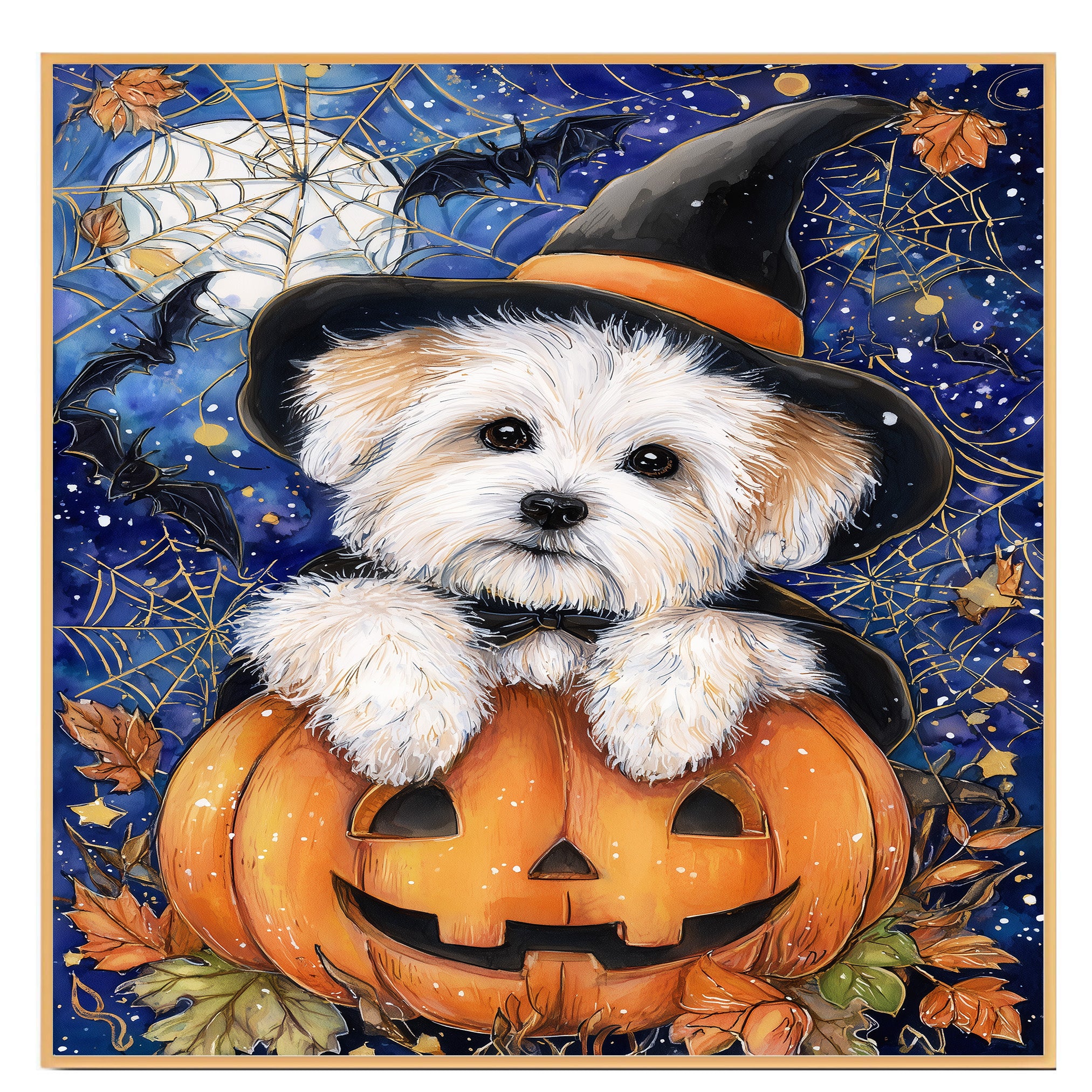 Halloween Coton de Tulear Puppy Canvas Wall Art for Dog Moms Apartment Decor Seasonal Gift and Pet Lover Home Style on Ready to Hang 1.5" Thick Canvas Wrap, Floating Framed Canvas, Flat Rolled Canvas