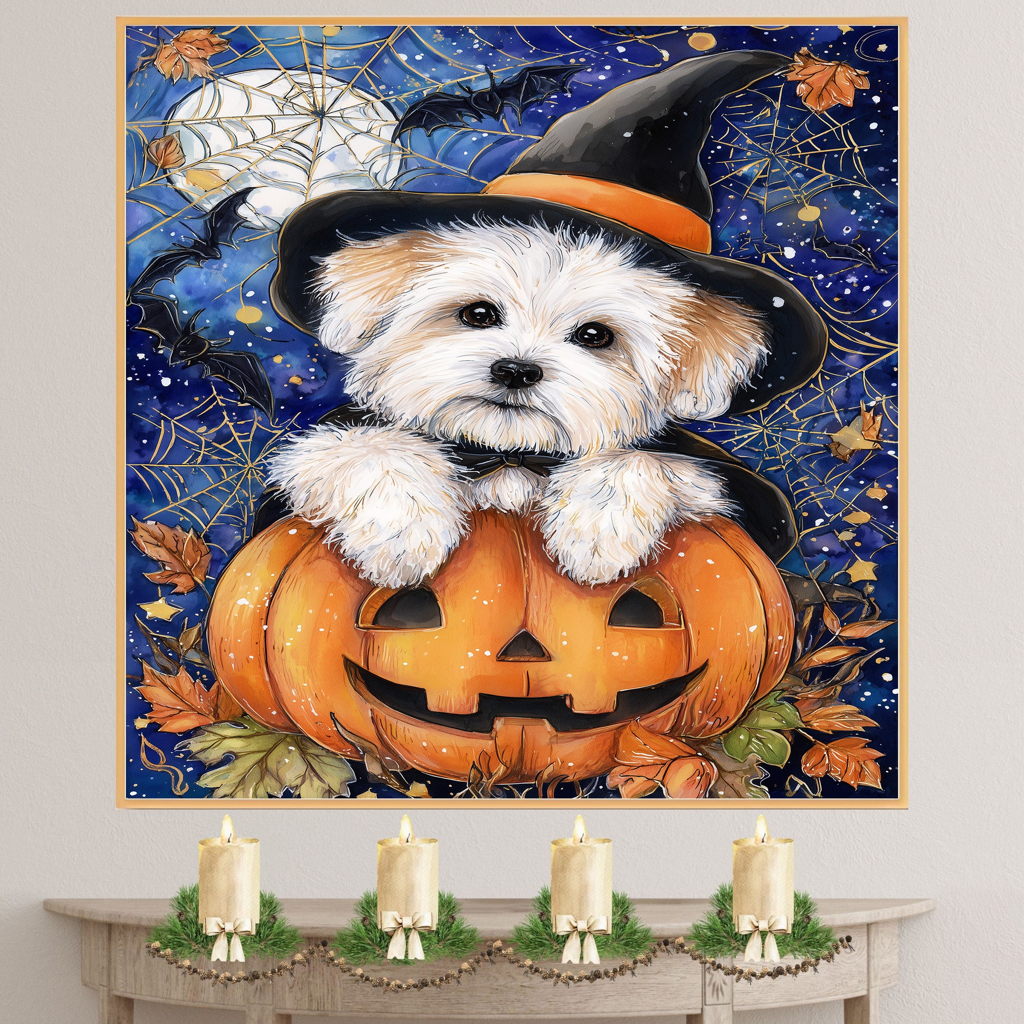 Halloween Coton de Tulear Puppy Canvas Wall Art for Dog Moms Apartment Decor Seasonal Gift and Pet Lover Home Style on Ready to Hang 1.5" Thick Canvas Wrap, Floating Framed Canvas, Flat Rolled Canvas