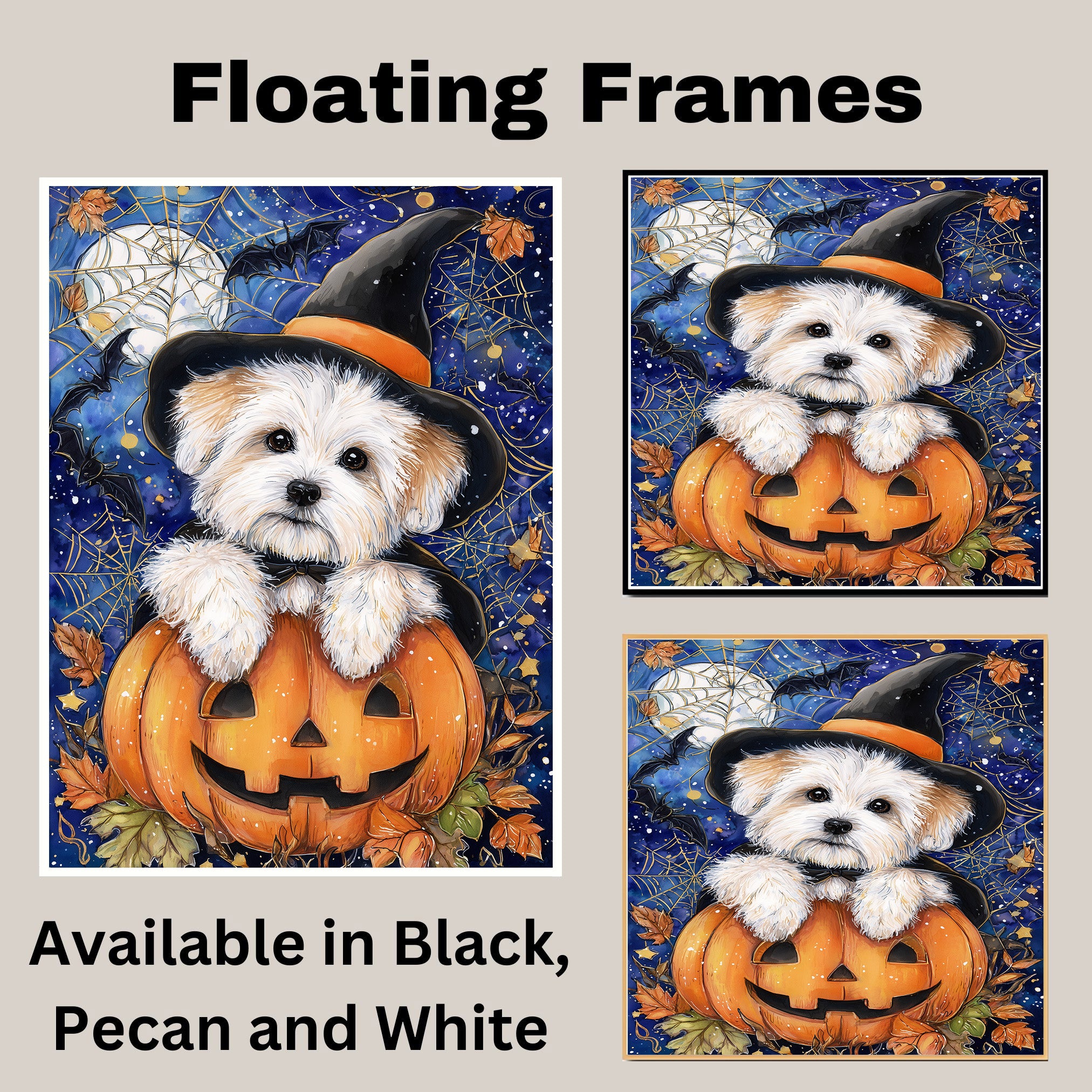 Halloween Coton de Tulear Puppy Canvas Wall Art for Dog Moms Apartment Decor Seasonal Gift and Pet Lover Home Style on Ready to Hang 1.5" Thick Canvas Wrap, Floating Framed Canvas, Flat Rolled Canvas