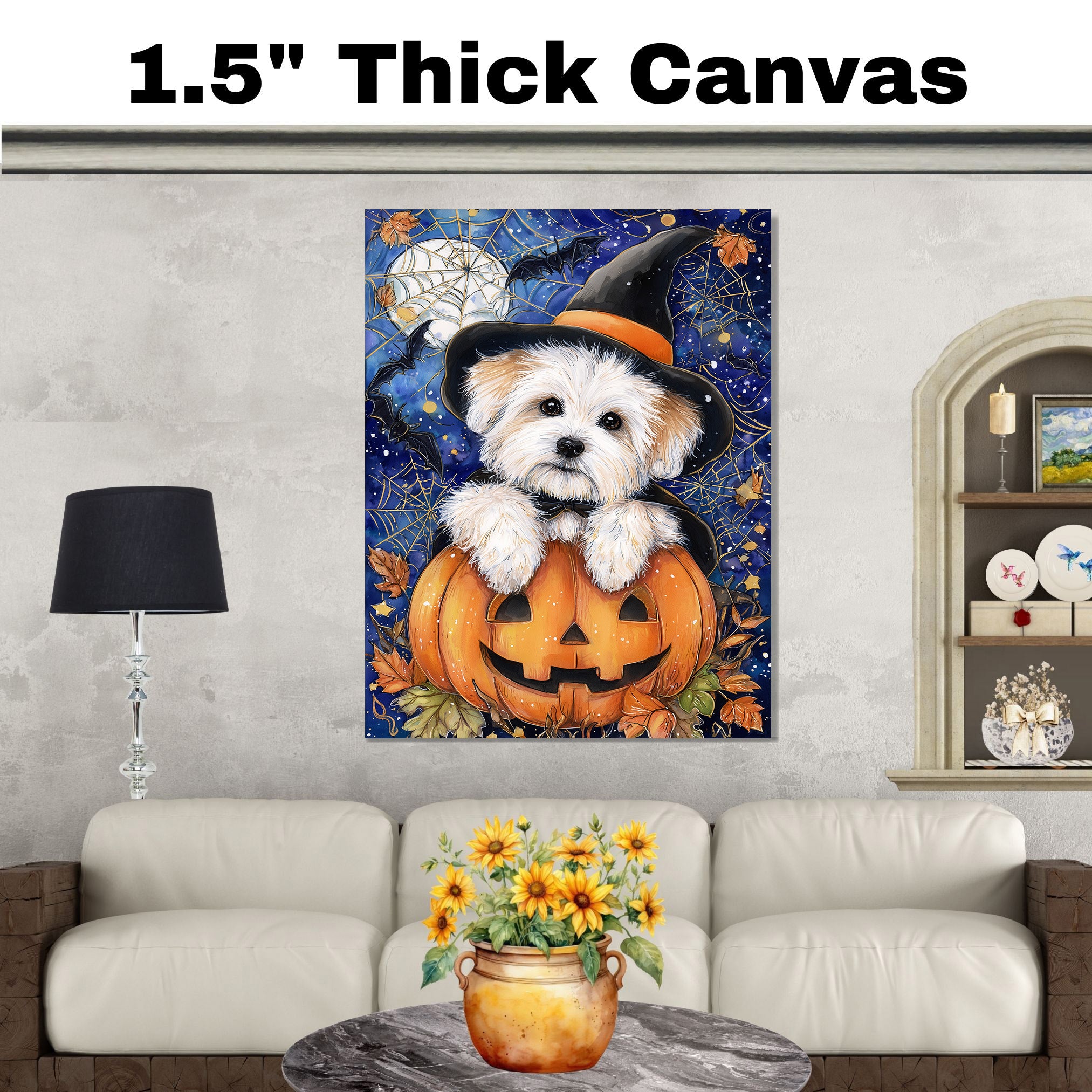 Halloween Coton de Tulear Puppy Canvas Wall Art for Dog Moms Apartment Decor Seasonal Gift and Pet Lover Home Style on Ready to Hang 1.5" Thick Canvas Wrap, Floating Framed Canvas, Flat Rolled Canvas