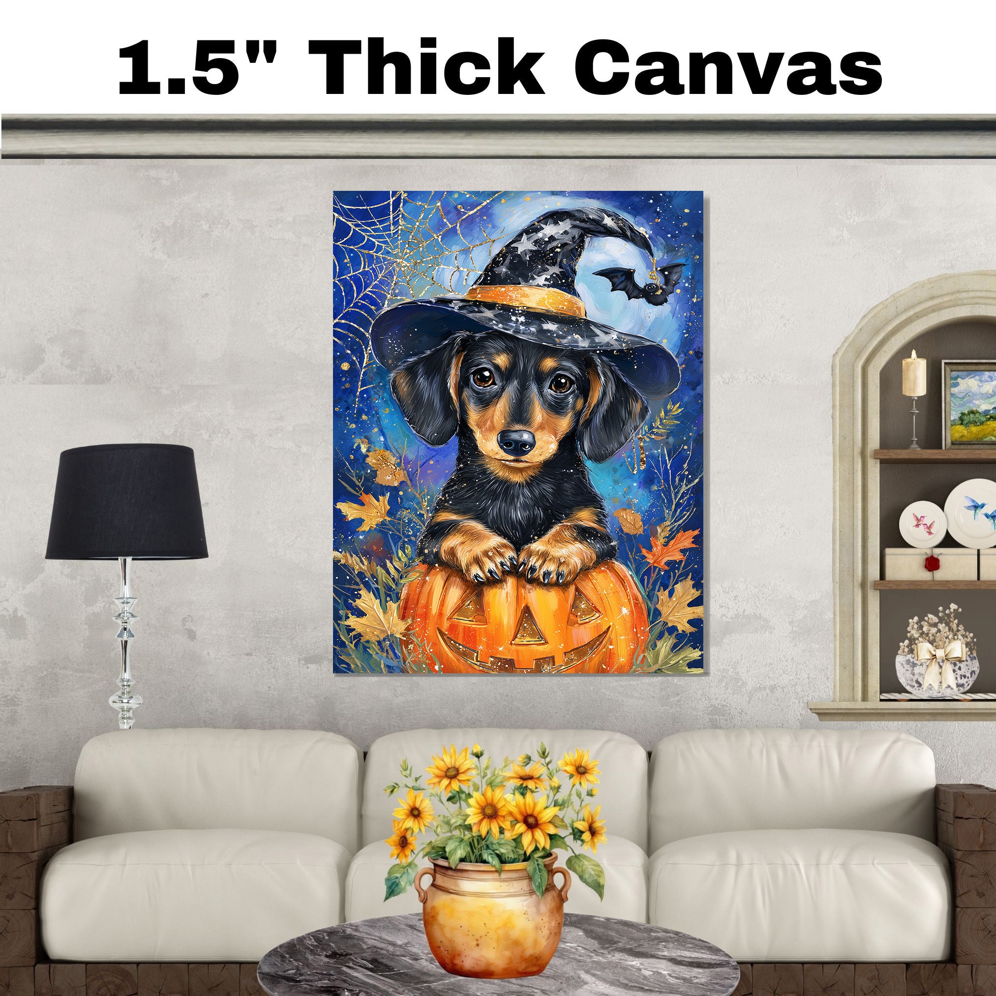 Halloween Dachshund Puppy Canvas Wall Art for Dog Lovers Holiday Gift Family Living Room and Kids Room Decor on Ready to Hang 1.5" Thick Canvas Wrap, Floating Framed Canvas, Flat Rolled Canvas