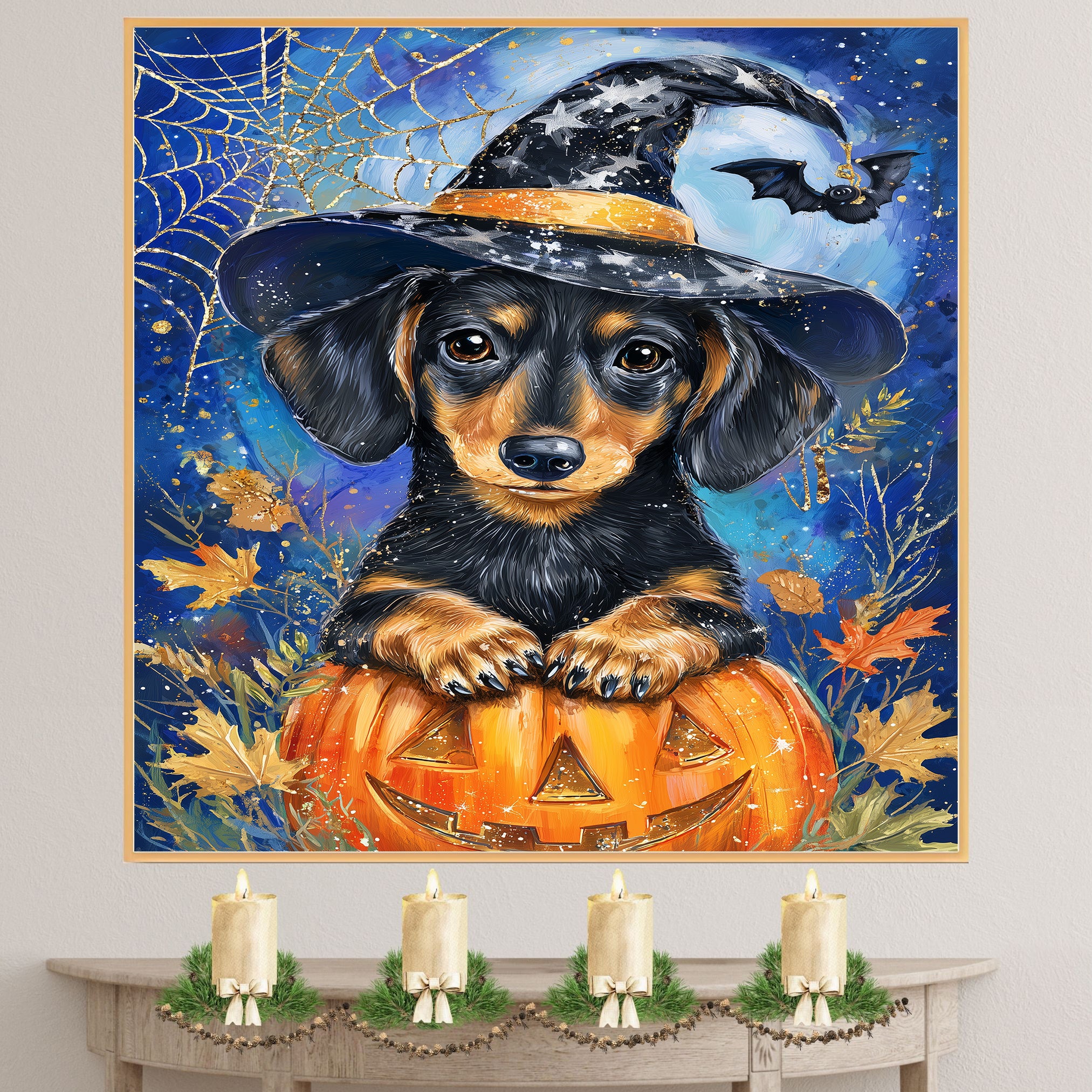 Halloween Dachshund Puppy Canvas Wall Art for Dog Lovers Holiday Gift Family Living Room and Kids Room Decor on Ready to Hang 1.5" Thick Canvas Wrap, Floating Framed Canvas, Flat Rolled Canvas