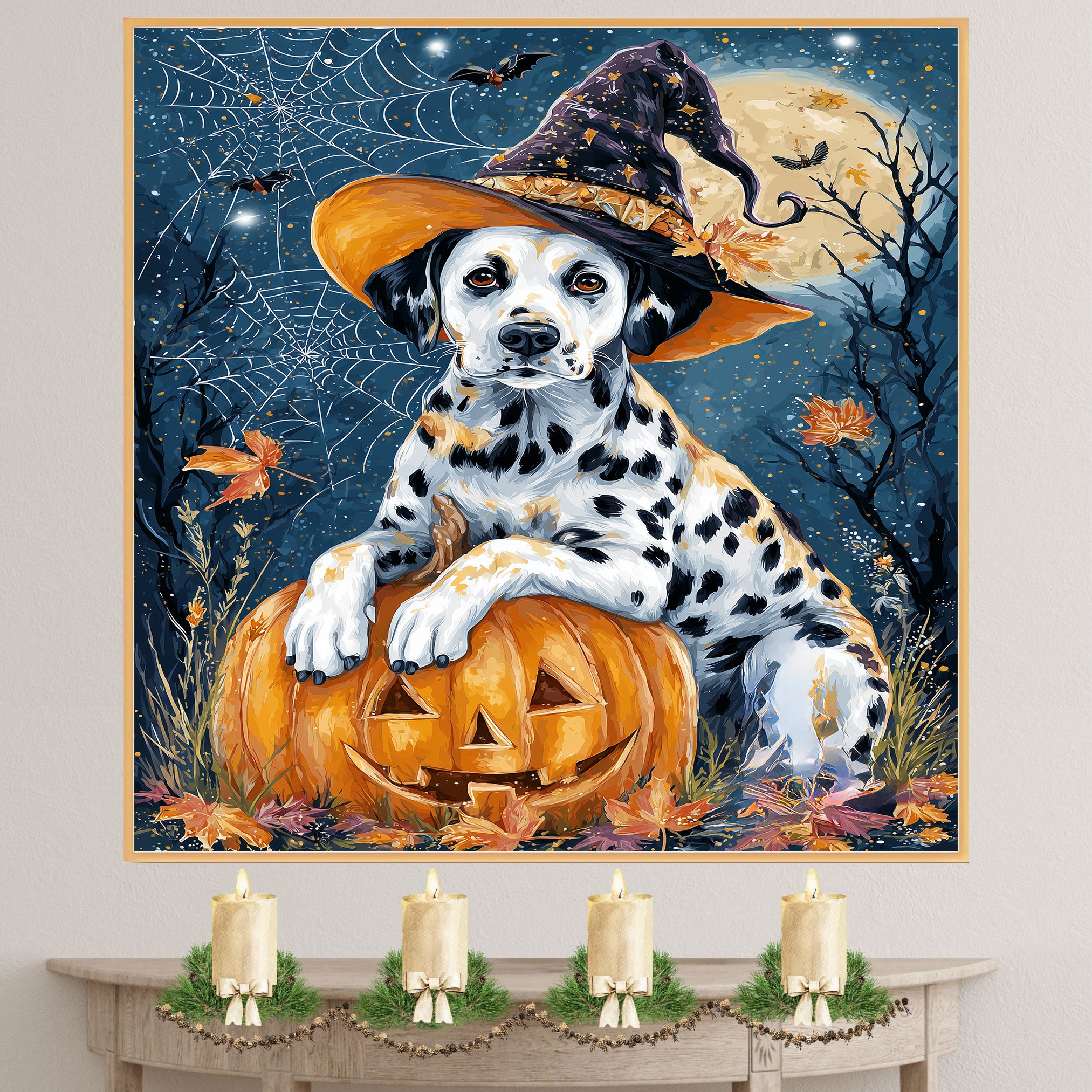 Halloween Dalmatian Puppy Canvas Wall Art for Dog Lovers Seasonal Home Gift and Fall Living Room Decoration on Ready to Hang 1.5" Thick Canvas Wrap, Floating Framed Canvas, Flat Rolled Canvas