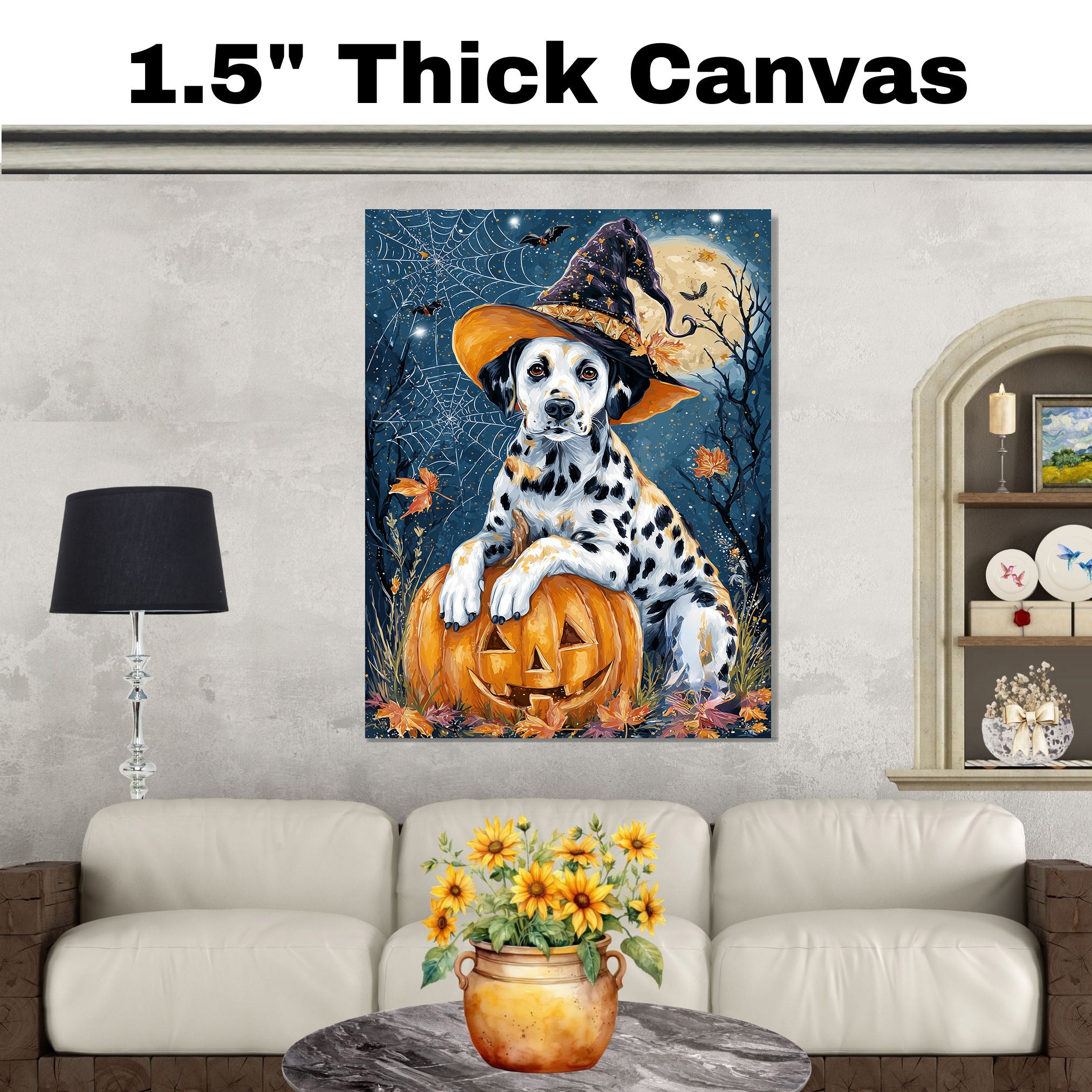 Halloween Dalmatian Puppy Canvas Wall Art for Dog Lovers Seasonal Home Gift and Fall Living Room Decoration on Ready to Hang 1.5" Thick Canvas Wrap, Floating Framed Canvas, Flat Rolled Canvas