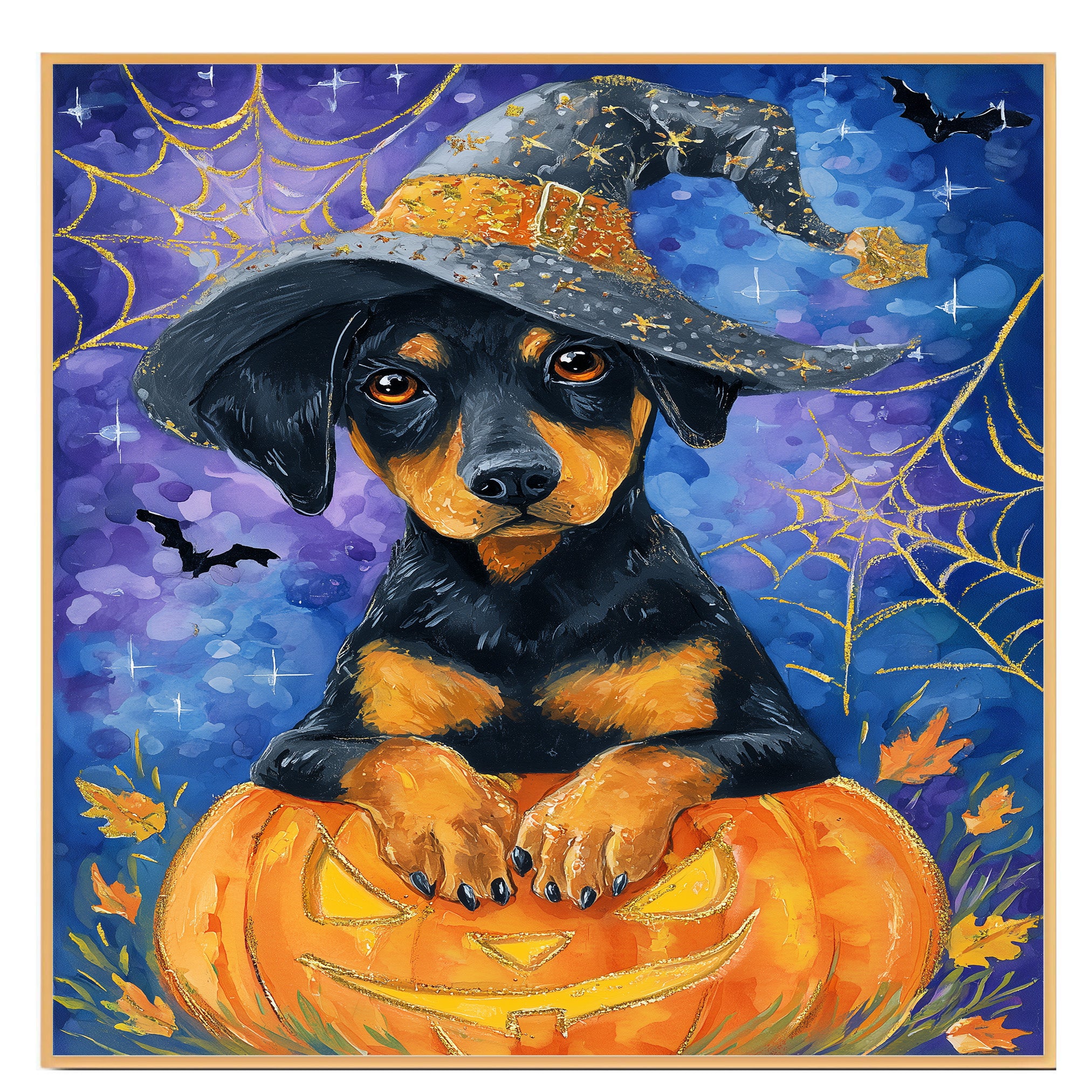 Halloween Doberman Puppy Canvas Wall Art Modern Dog Lover Gift for Apartment Bedroom or Stylish Living Room Decor on Ready to Hang 1.5" Thick Canvas Wrap, Floating Framed Canvas, Flat Rolled Canvas