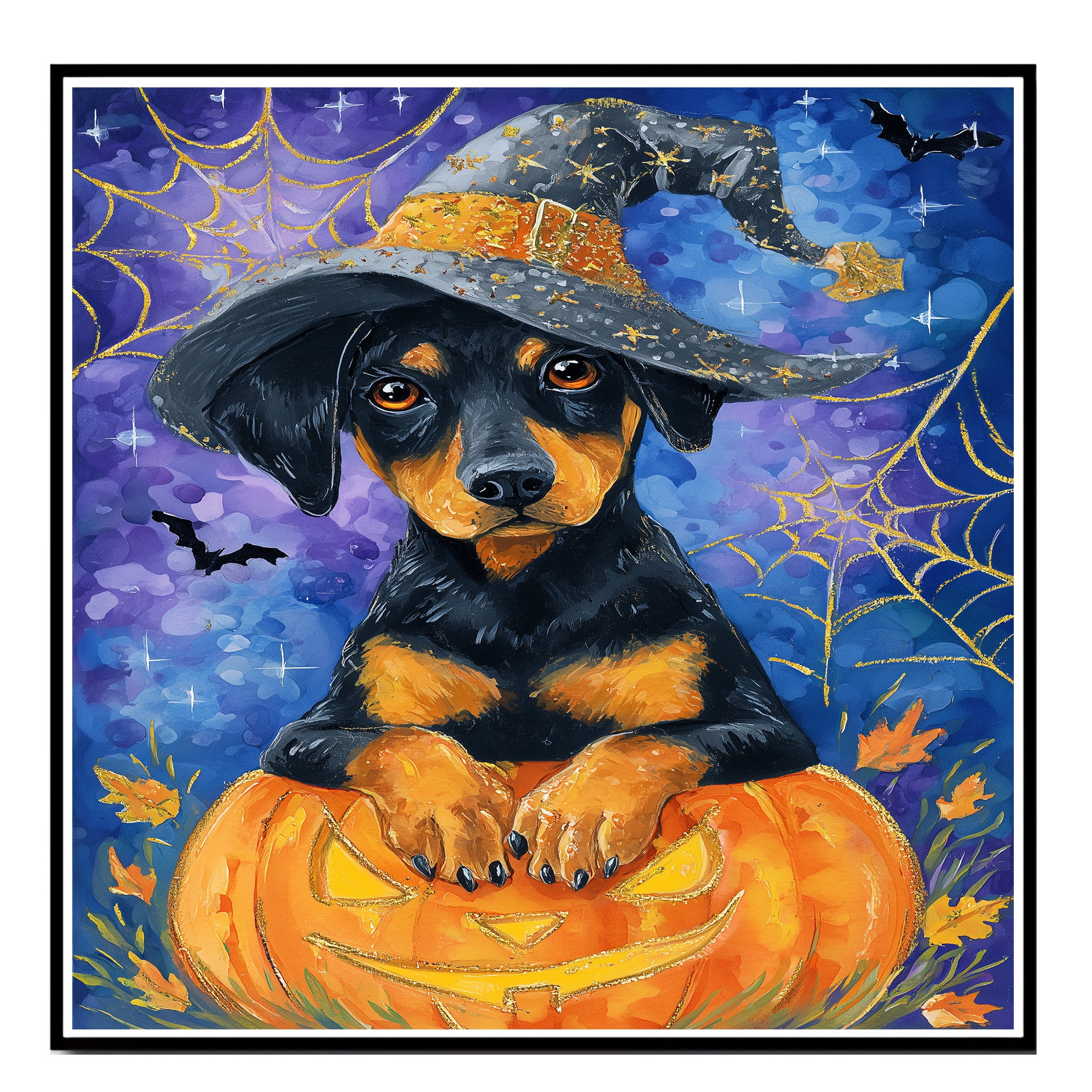 Halloween Doberman Puppy Canvas Wall Art Modern Dog Lover Gift for Apartment Bedroom or Stylish Living Room Decor on Ready to Hang 1.5" Thick Canvas Wrap, Floating Framed Canvas, Flat Rolled Canvas