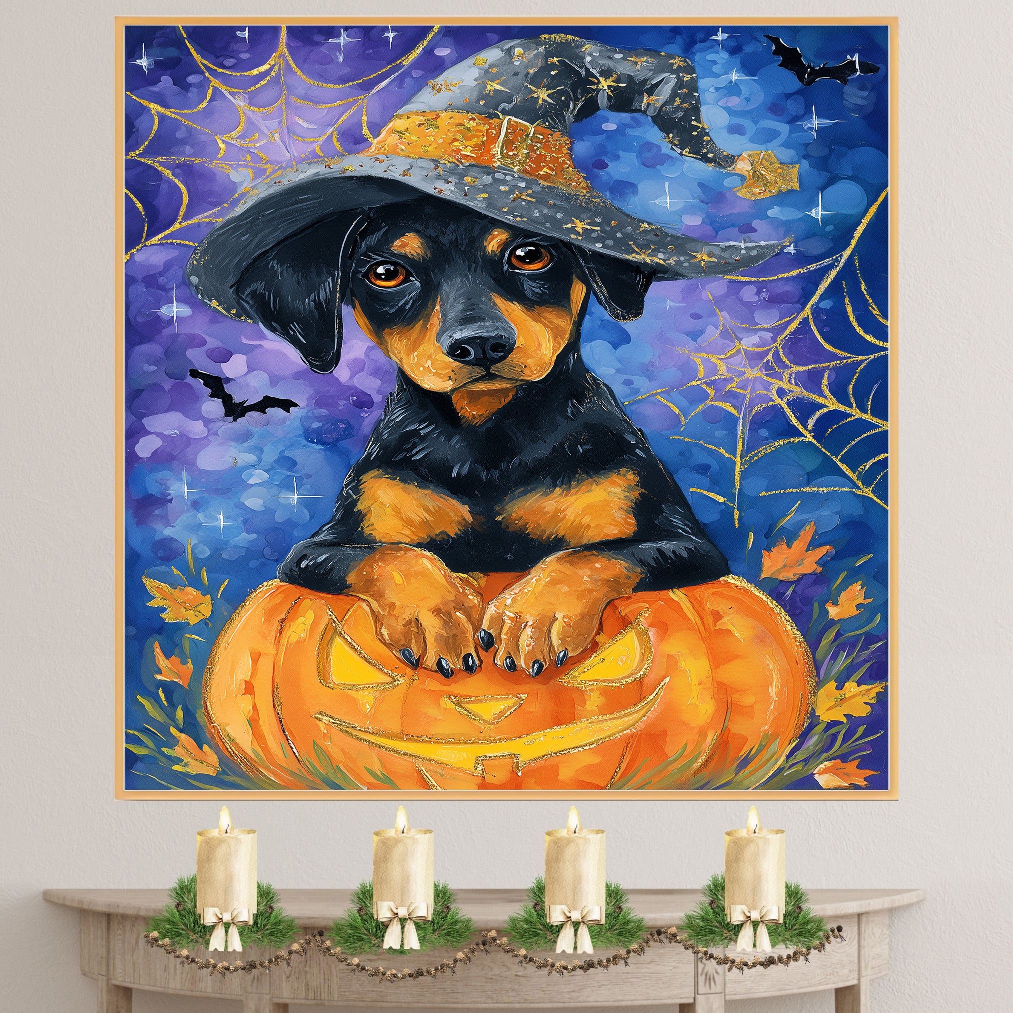 Halloween Doberman Puppy Canvas Wall Art Modern Dog Lover Gift for Apartment Bedroom or Stylish Living Room Decor on Ready to Hang 1.5" Thick Canvas Wrap, Floating Framed Canvas, Flat Rolled Canvas