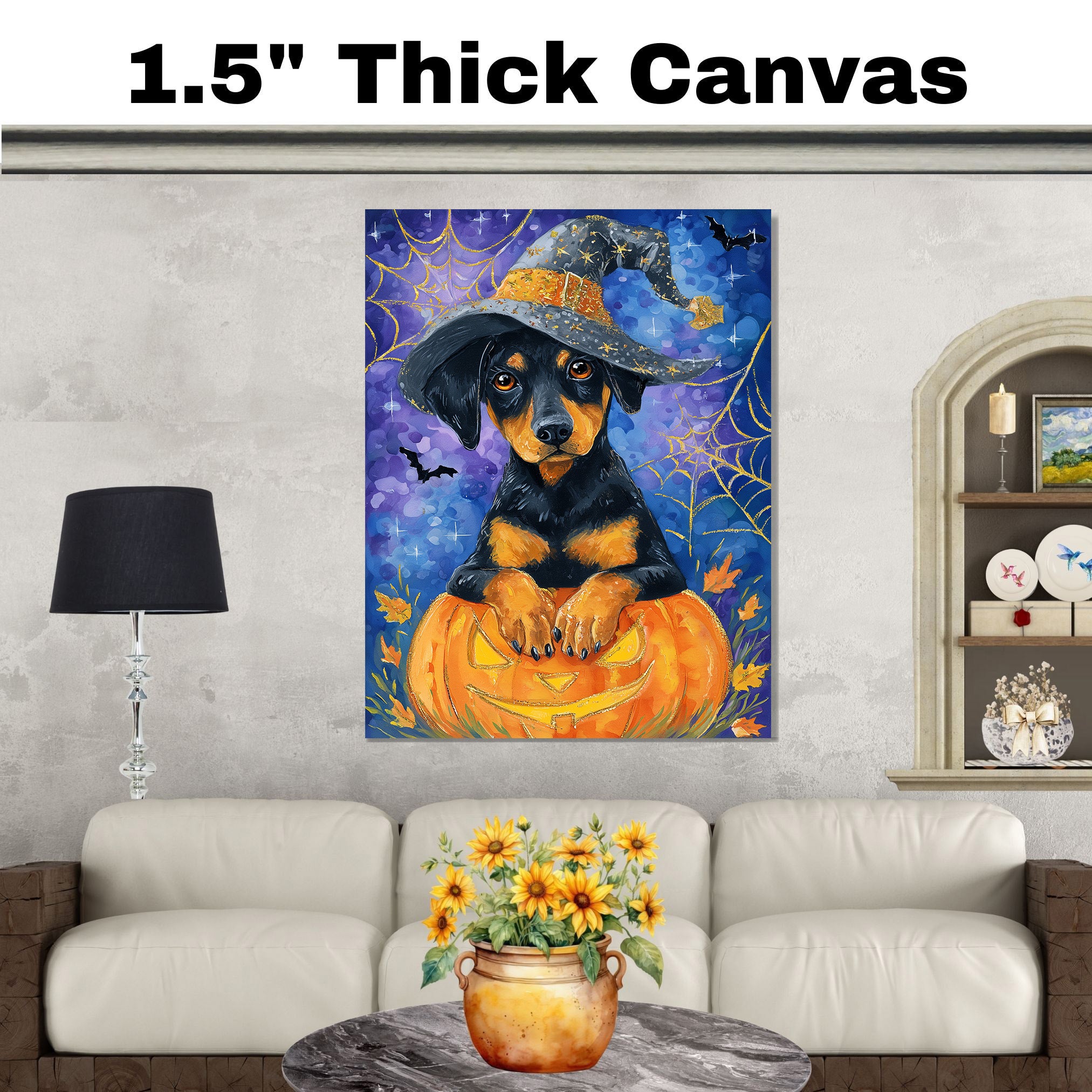 Halloween Doberman Puppy Canvas Wall Art Modern Dog Lover Gift for Apartment Bedroom or Stylish Living Room Decor on Ready to Hang 1.5" Thick Canvas Wrap, Floating Framed Canvas, Flat Rolled Canvas