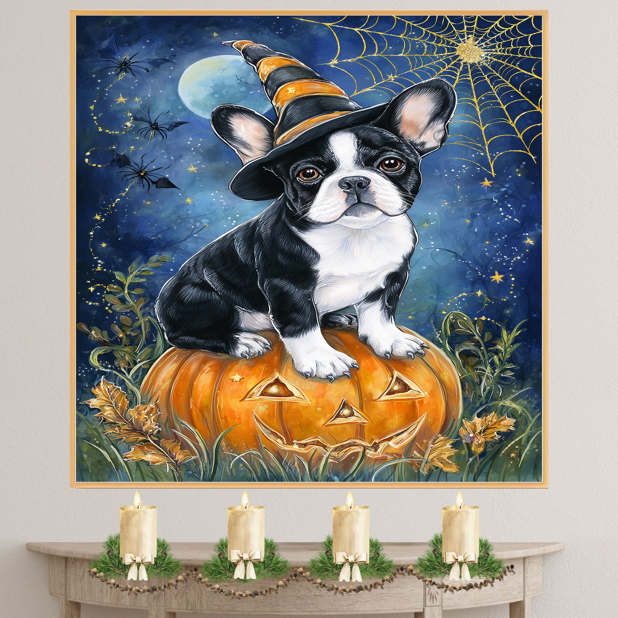 French Bulldog Halloween Puppy Canvas Wall Art Cute Dog Lover Gift for Apartment Bedroom or Modern Home Décor on Ready to Hang 1.5" Thick Canvas Wrap, Floating Framed Canvas, Flat Rolled Canvas
