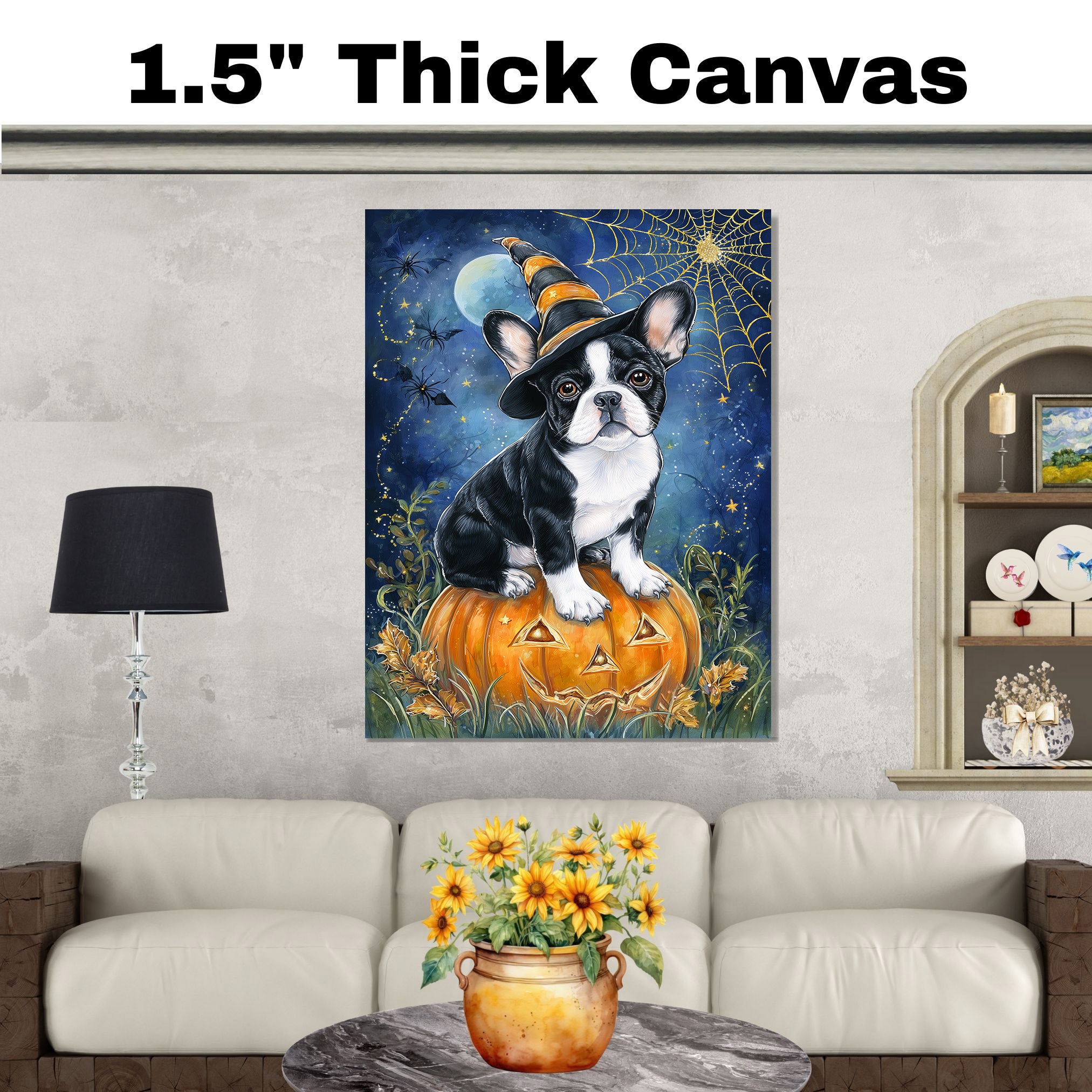 French Bulldog Halloween Puppy Canvas Wall Art Cute Dog Lover Gift for Apartment Bedroom or Modern Home Décor on Ready to Hang 1.5" Thick Canvas Wrap, Floating Framed Canvas, Flat Rolled Canvas