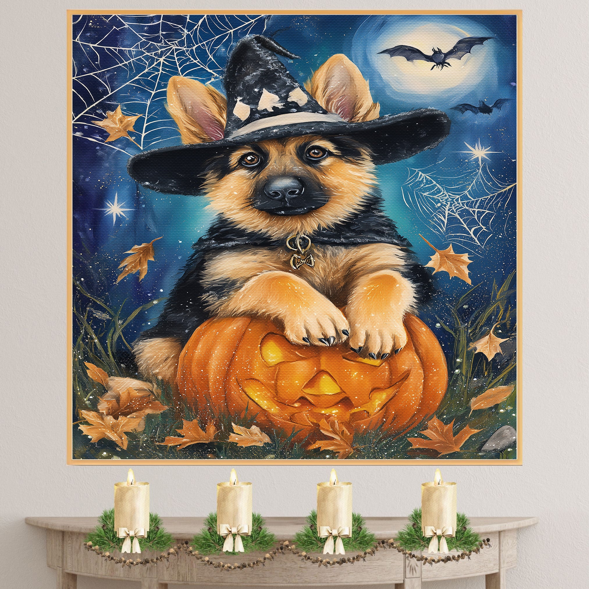 German Shepherd Halloween Puppy Canvas Wall Art Cute Dog Lover Gift for Family Living Room or Holiday Home Décor on Ready to Hang 1.5" Thick Canvas Wrap, Floating Framed Canvas, Flat Rolled Canvas