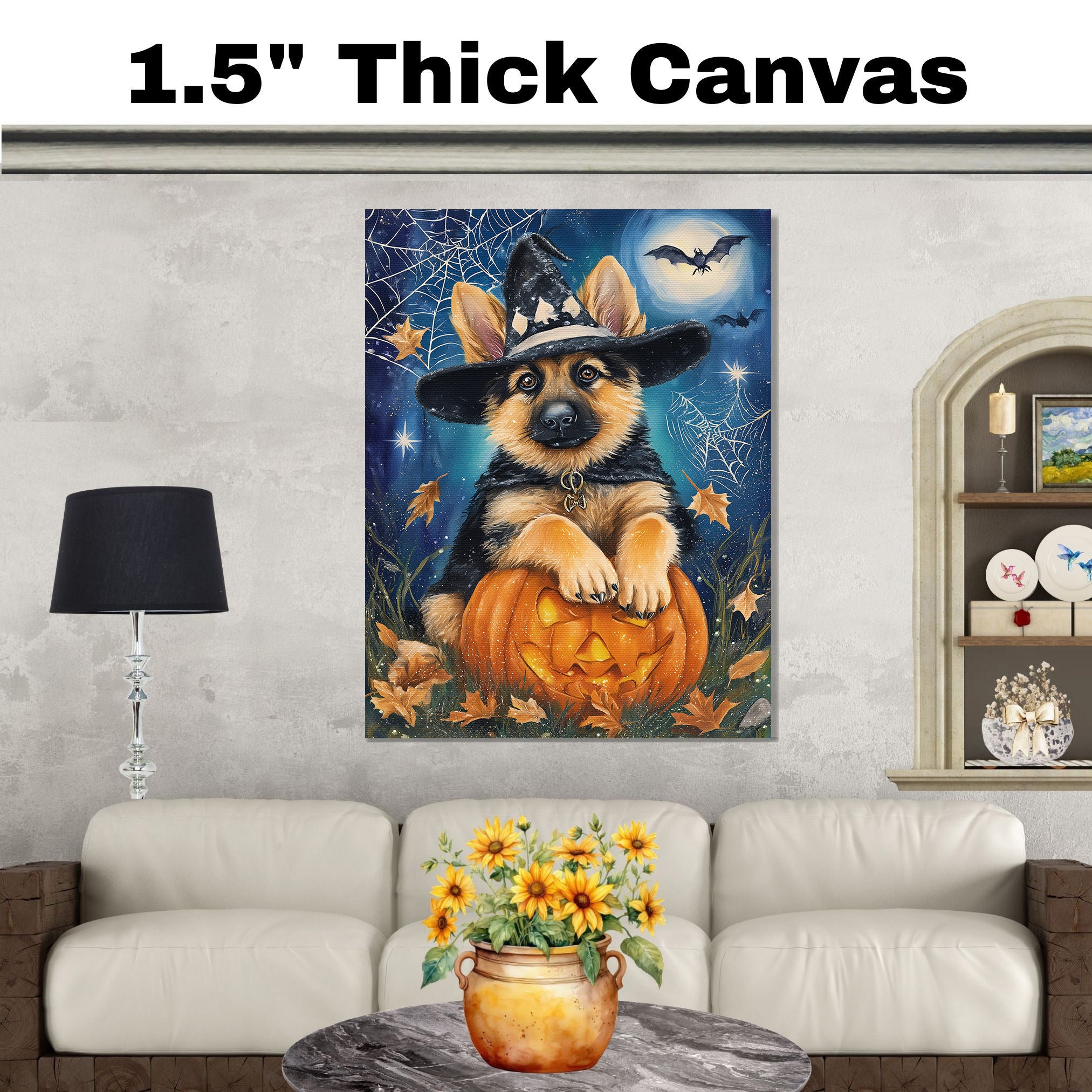 German Shepherd Halloween Puppy Canvas Wall Art Cute Dog Lover Gift for Family Living Room or Holiday Home Décor on Ready to Hang 1.5" Thick Canvas Wrap, Floating Framed Canvas, Flat Rolled Canvas