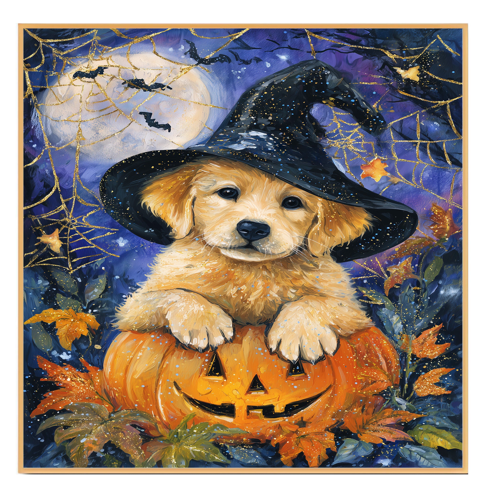 Golden Retriever Halloween Puppy Canvas Wall Art Cute Dog Lover Gift for Family Living Room or Seasonal Home Décor on Ready to Hang 1.5" Thick Canvas Wrap, Floating Framed Canvas, Flat Rolled Canvas