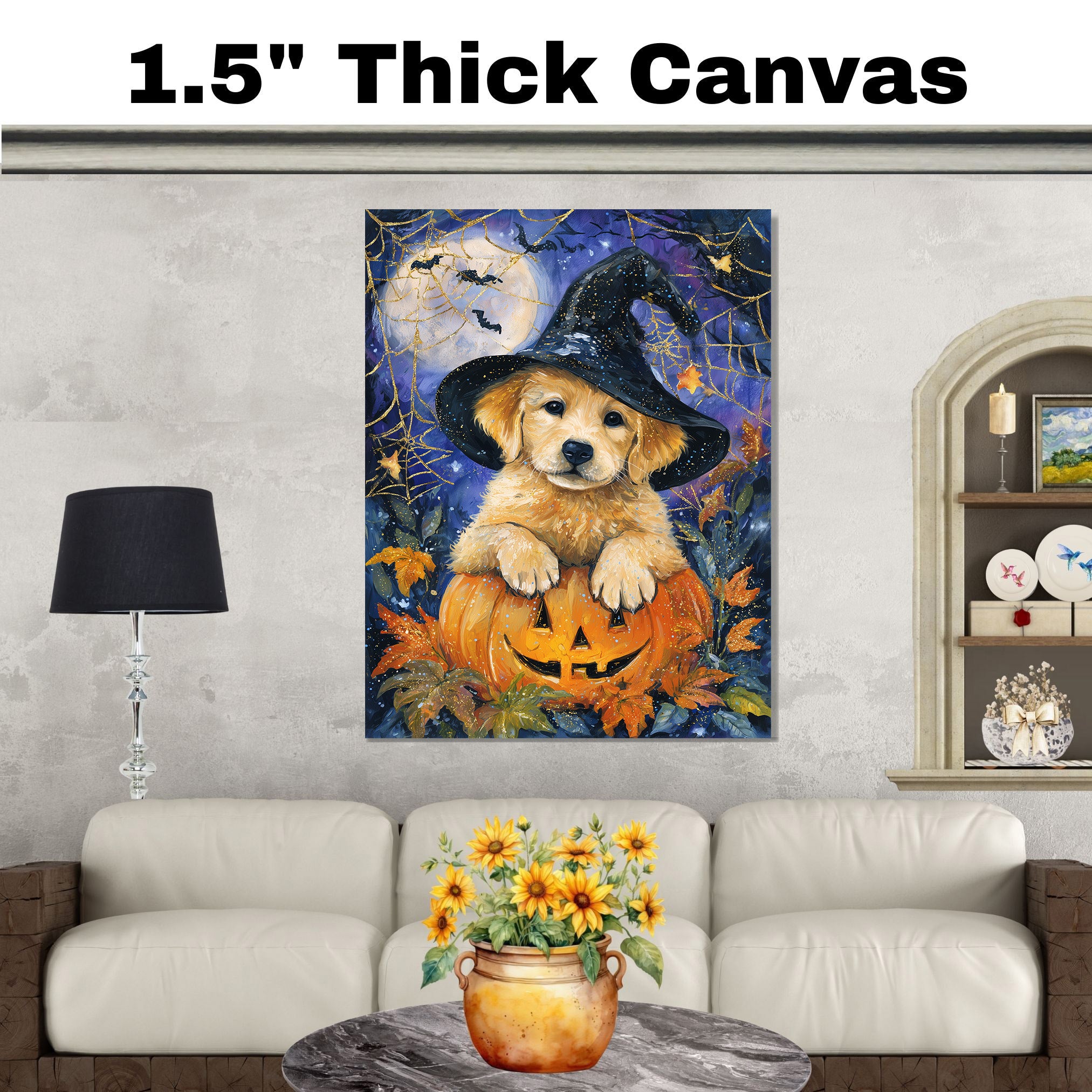 Golden Retriever Halloween Puppy Canvas Wall Art Cute Dog Lover Gift for Family Living Room or Seasonal Home Décor on Ready to Hang 1.5" Thick Canvas Wrap, Floating Framed Canvas, Flat Rolled Canvas
