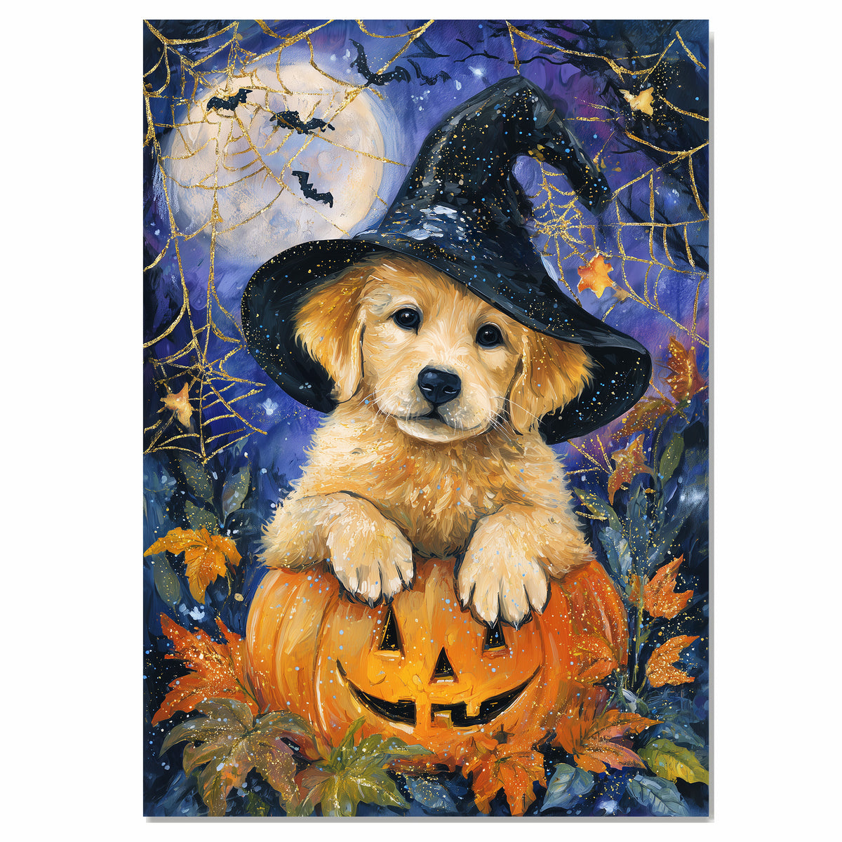 Golden Retriever Halloween Puppy Canvas Wall Art Cute Dog Lover Gift for Family Living Room or Seasonal Home Décor on Ready to Hang 1.5" Thick Canvas Wrap, Floating Framed Canvas, Flat Rolled Canvas