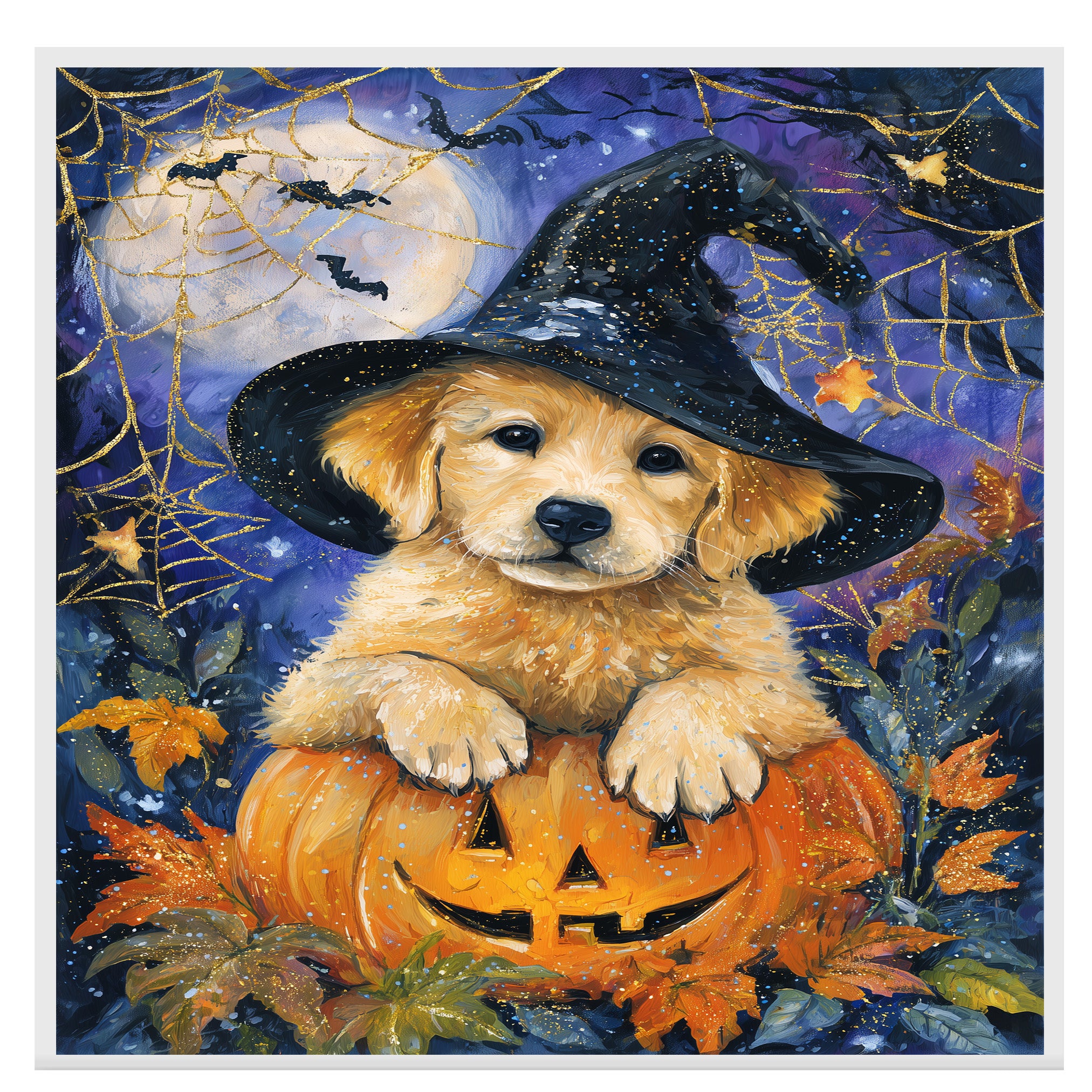 Golden Retriever Halloween Puppy Canvas Wall Art Cute Dog Lover Gift for Family Living Room or Seasonal Home Décor on Ready to Hang 1.5" Thick Canvas Wrap, Floating Framed Canvas, Flat Rolled Canvas