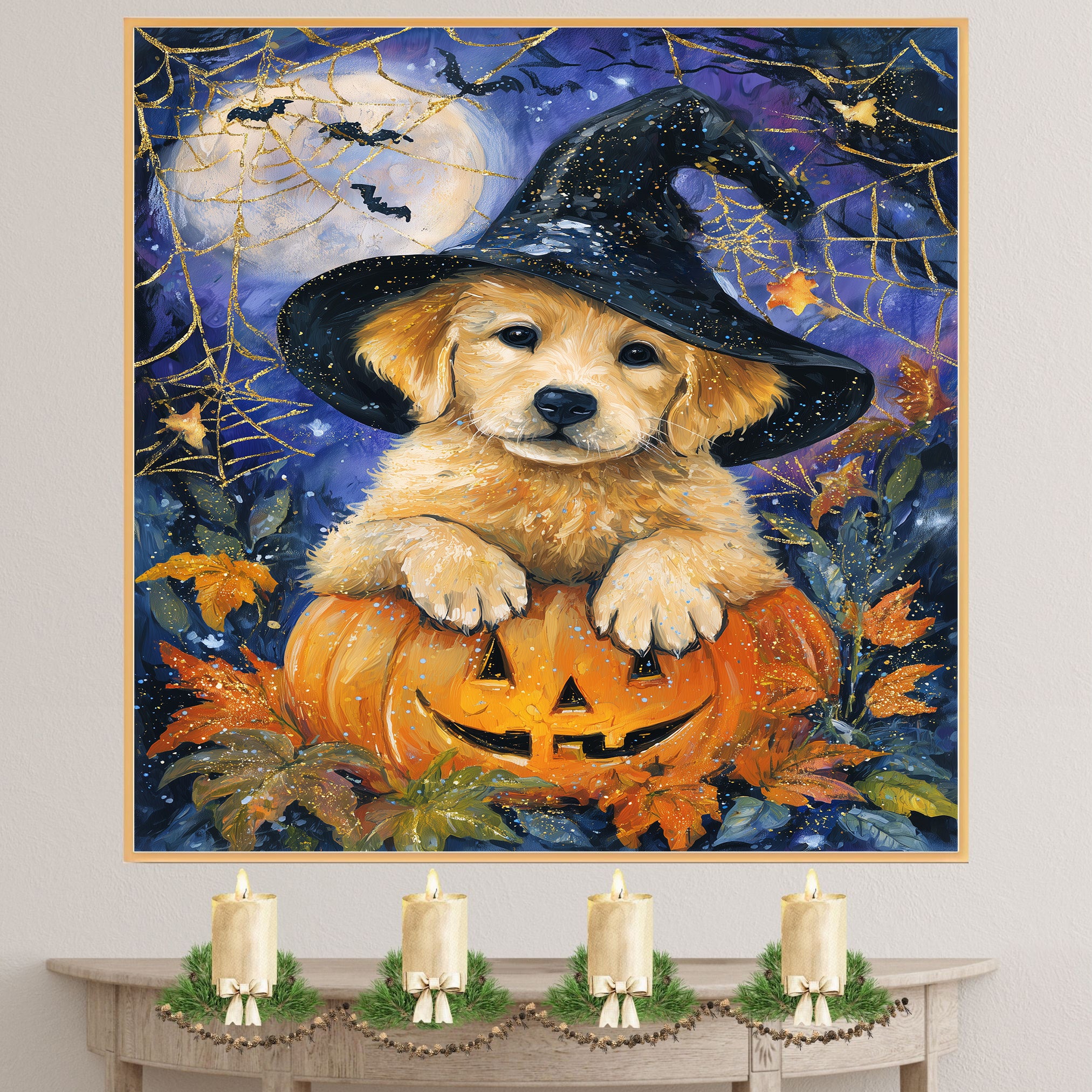 Golden Retriever Halloween Puppy Canvas Wall Art Cute Dog Lover Gift for Family Living Room or Seasonal Home Décor on Ready to Hang 1.5" Thick Canvas Wrap, Floating Framed Canvas, Flat Rolled Canvas