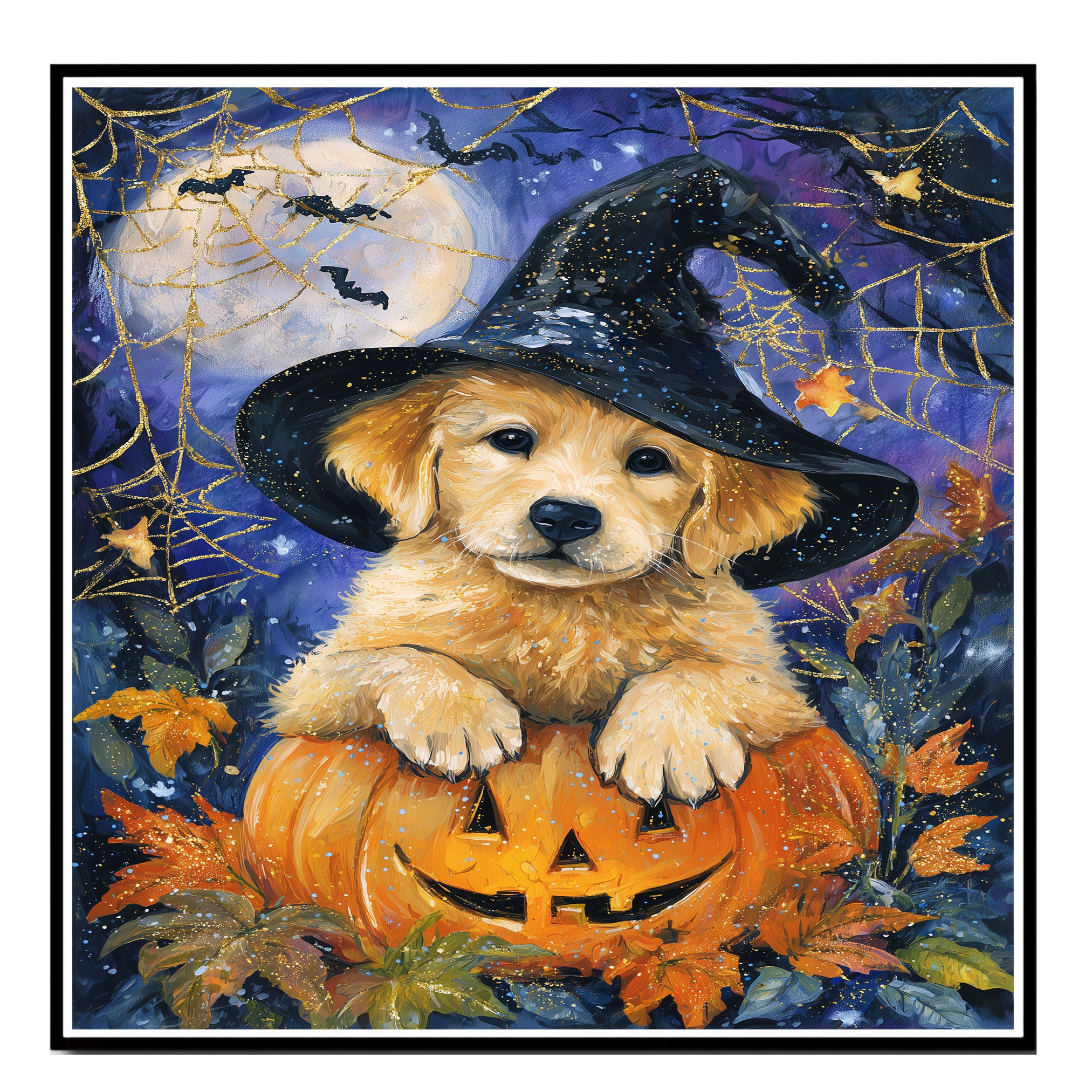Golden Retriever Halloween Puppy Canvas Wall Art Cute Dog Lover Gift for Family Living Room or Seasonal Home Décor on Ready to Hang 1.5" Thick Canvas Wrap, Floating Framed Canvas, Flat Rolled Canvas