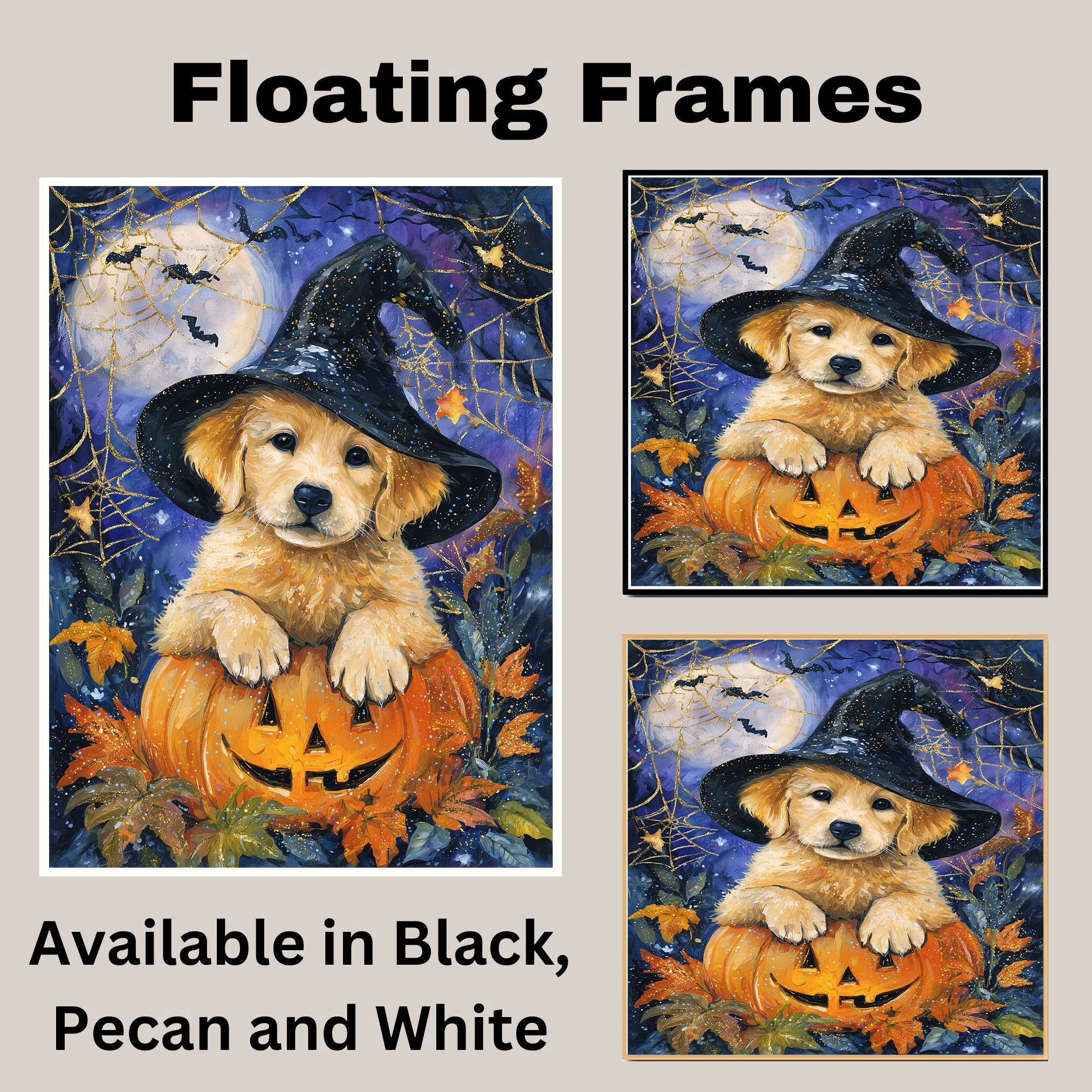Golden Retriever Halloween Puppy Canvas Wall Art Cute Dog Lover Gift for Family Living Room or Seasonal Home Décor on Ready to Hang 1.5" Thick Canvas Wrap, Floating Framed Canvas, Flat Rolled Canvas