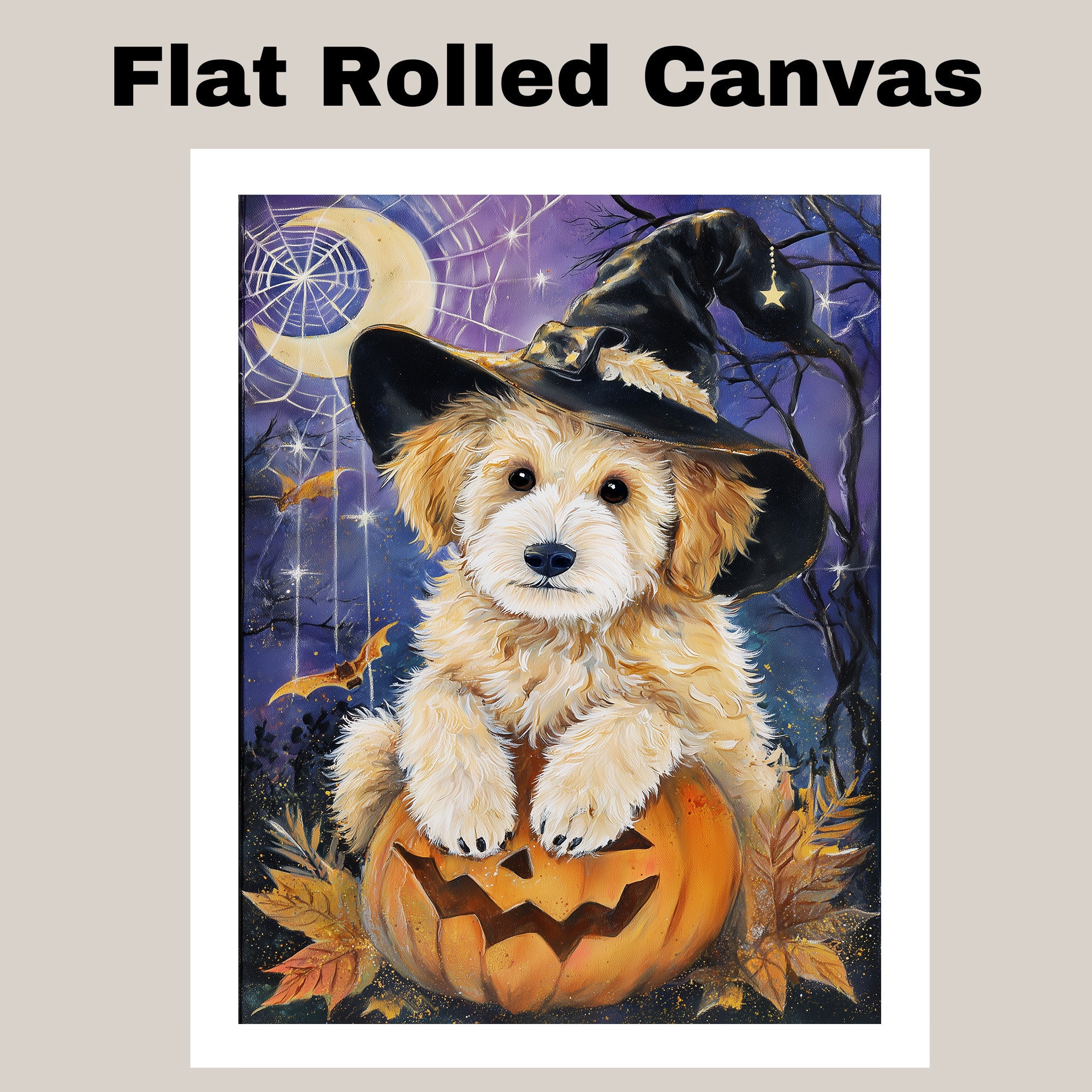 Halloween Puppy Canvas Wall Art Goldendoodle in Witch Hat and Pumpkin Fall Home Décor for Sppoky Home Decoration