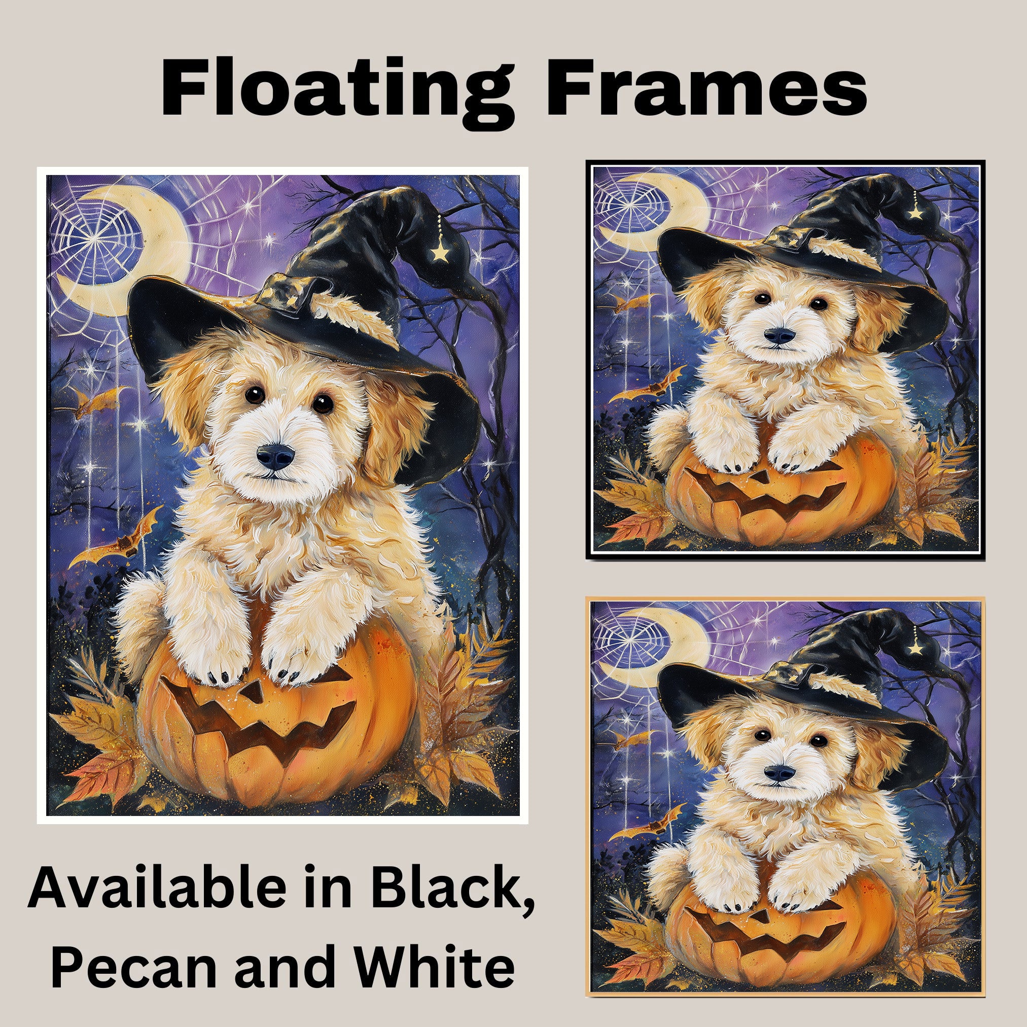 Halloween Puppy Canvas Wall Art Goldendoodle in Witch Hat and Pumpkin Fall Home Décor for Sppoky Home Decoration