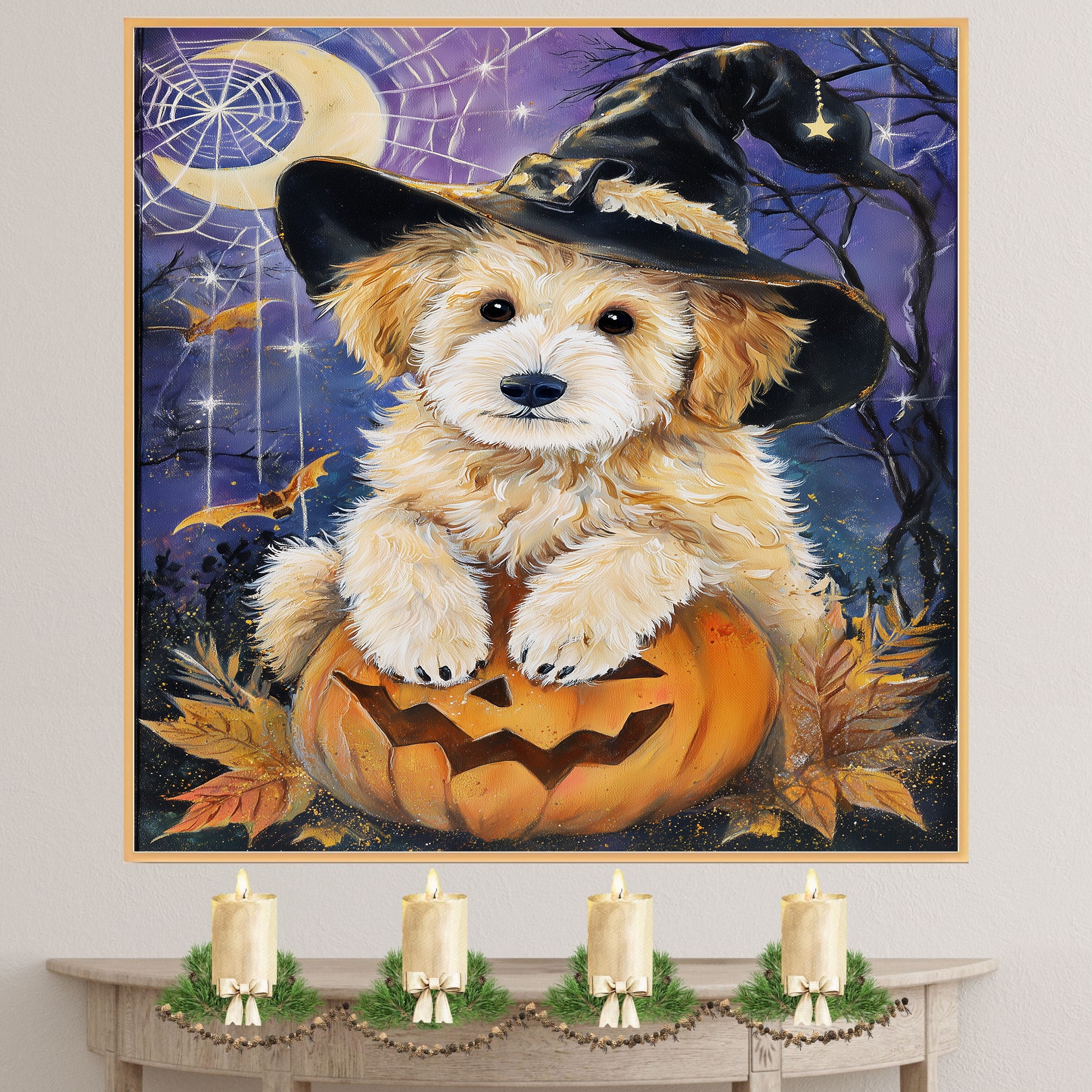 Halloween Puppy Canvas Wall Art Goldendoodle in Witch Hat and Pumpkin Fall Home Décor for Sppoky Home Decoration