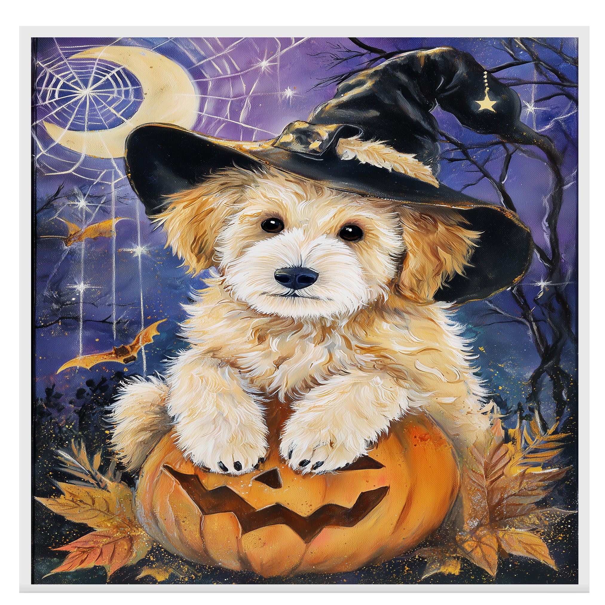 Halloween Puppy Canvas Wall Art Goldendoodle in Witch Hat and Pumpkin Fall Home Décor for Sppoky Home Decoration