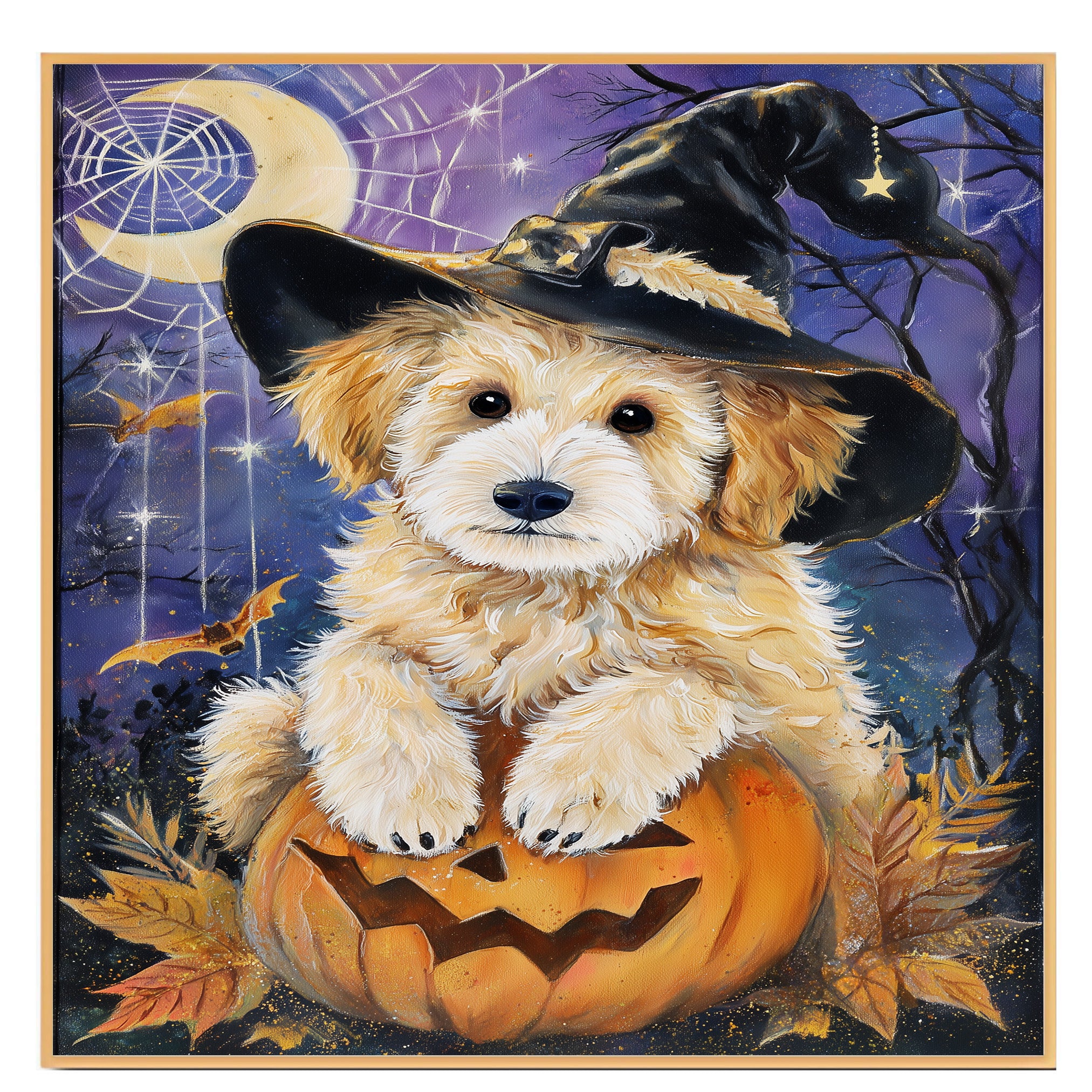 Halloween Puppy Canvas Wall Art Goldendoodle in Witch Hat and Pumpkin Fall Home Décor for Sppoky Home Decoration