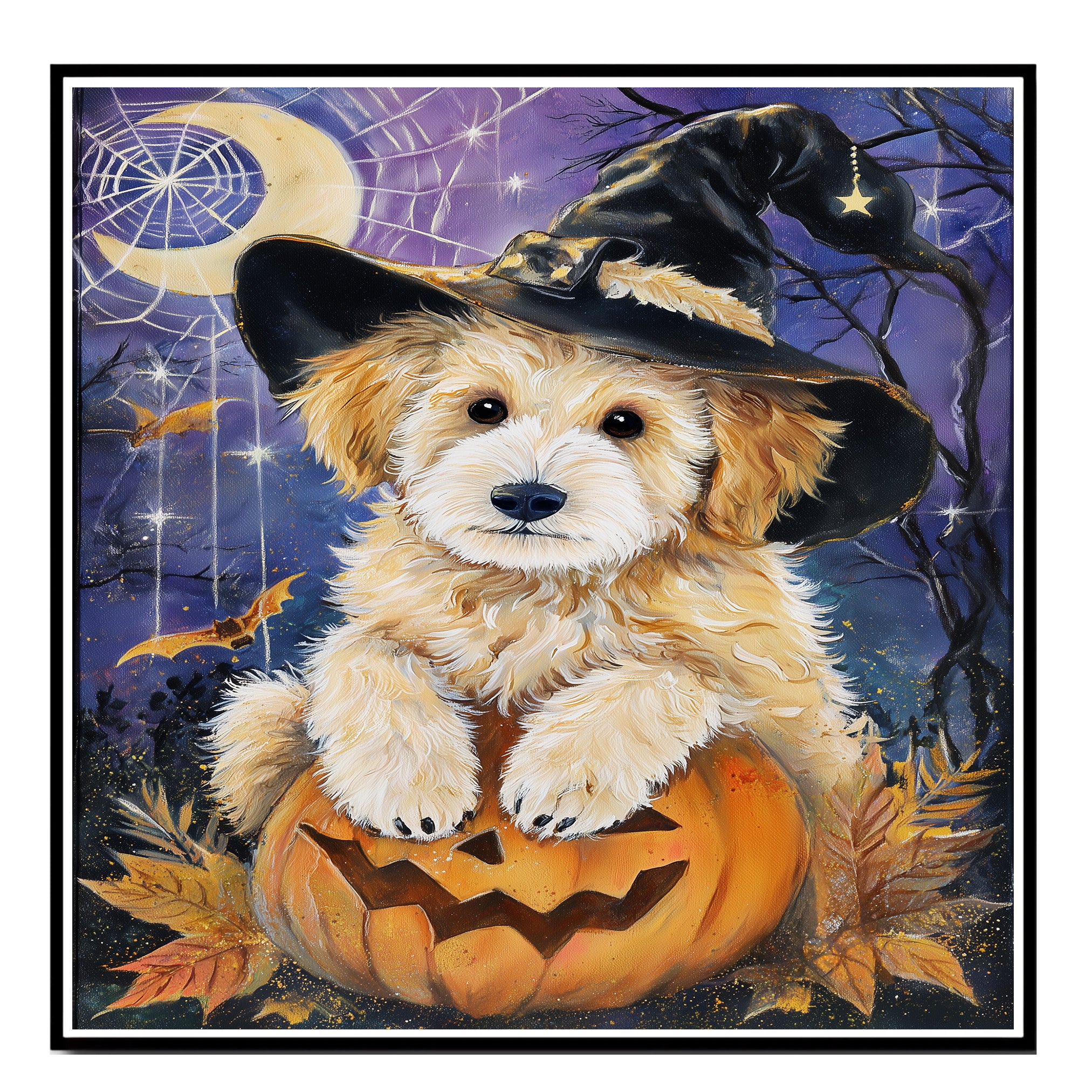 Halloween Puppy Canvas Wall Art Goldendoodle in Witch Hat and Pumpkin Fall Home Décor for Sppoky Home Decoration