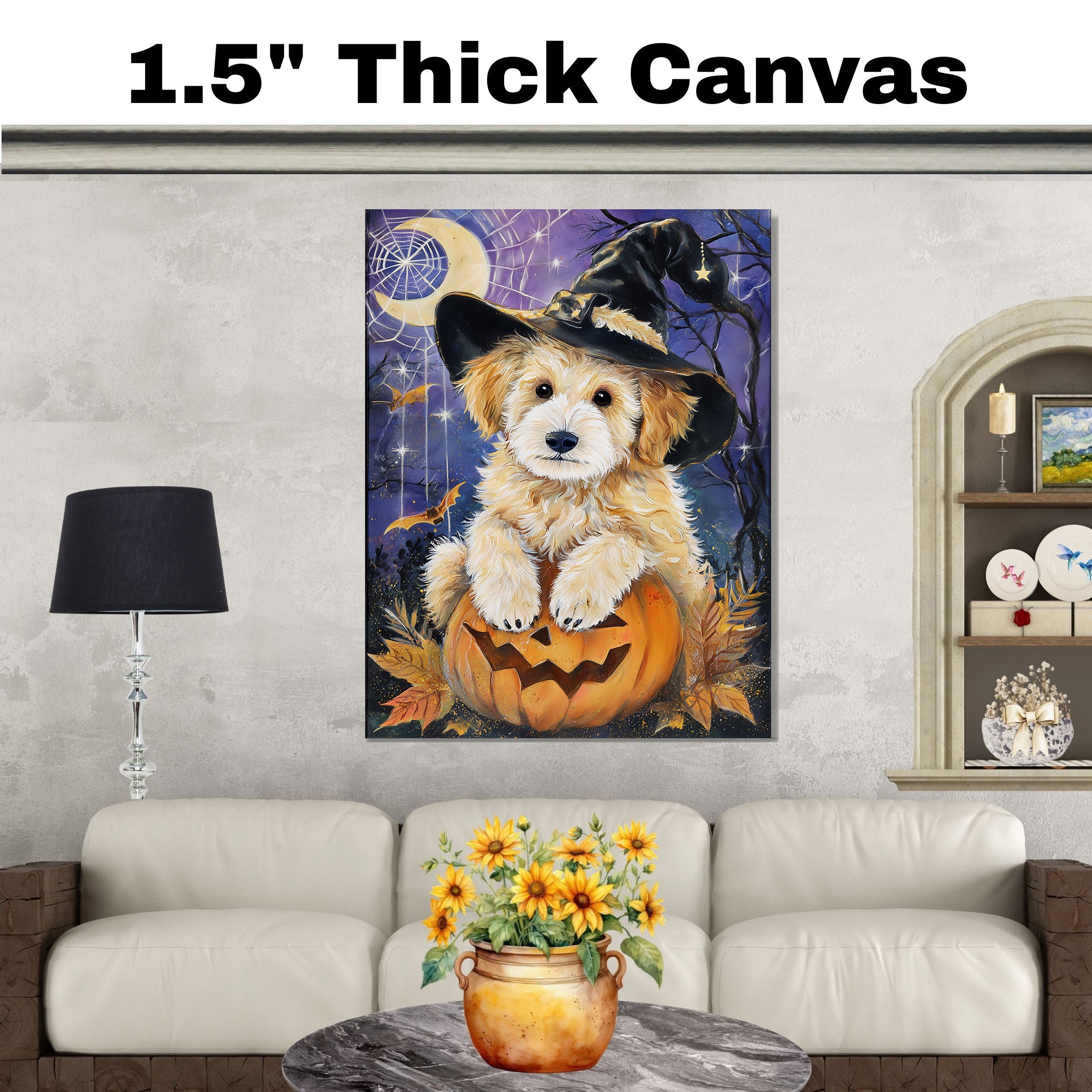 Halloween Puppy Canvas Wall Art Goldendoodle in Witch Hat and Pumpkin Fall Home Décor for Sppoky Home Decoration
