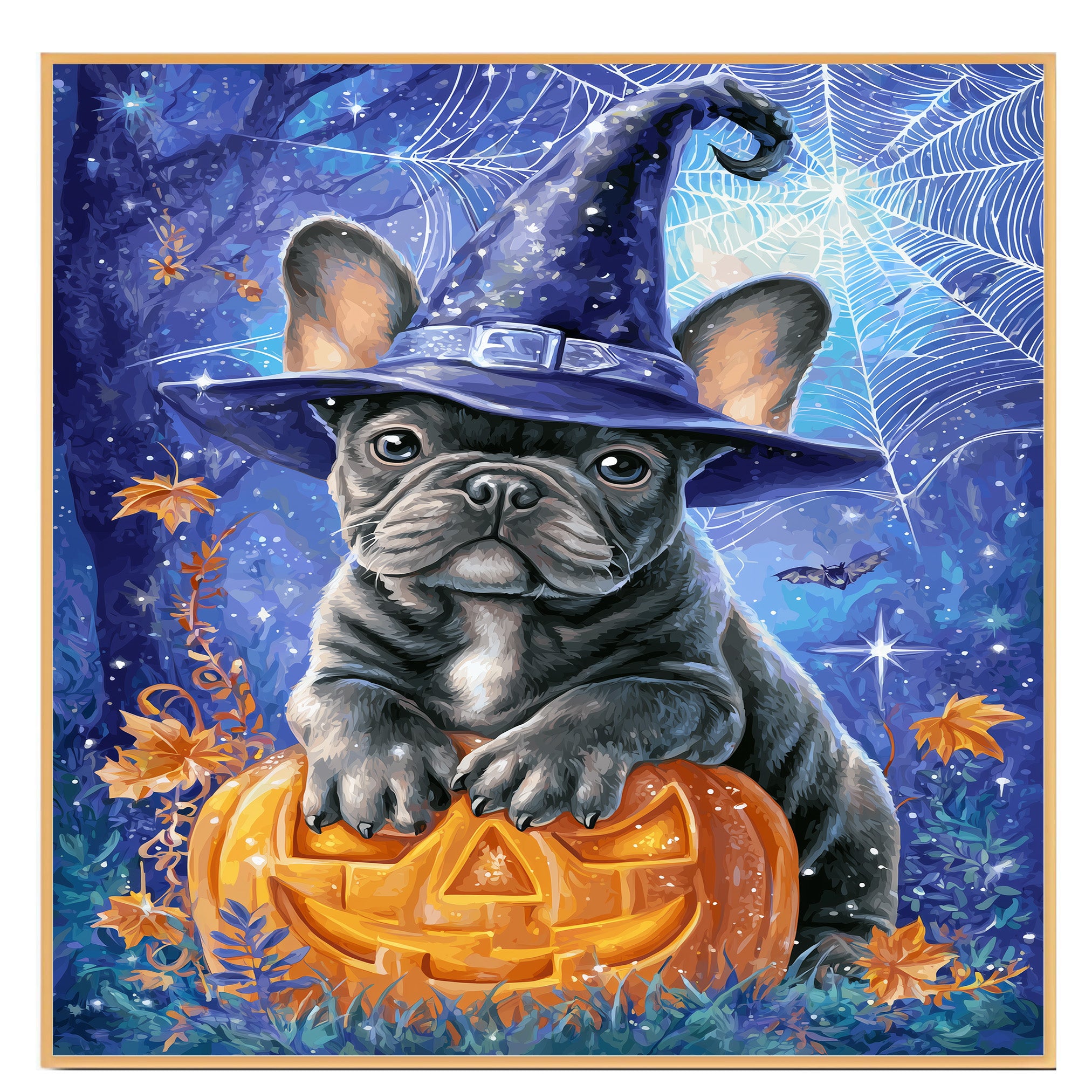 Gray French Bulldog Halloween Puppy Canvas Wall Art Cute Dog Lover Gift for Apartment or Seasonal Home Décor on Ready to Hang 1.5" Thick Canvas Wrap, Floating Framed Canvas, Flat Rolled Canvas