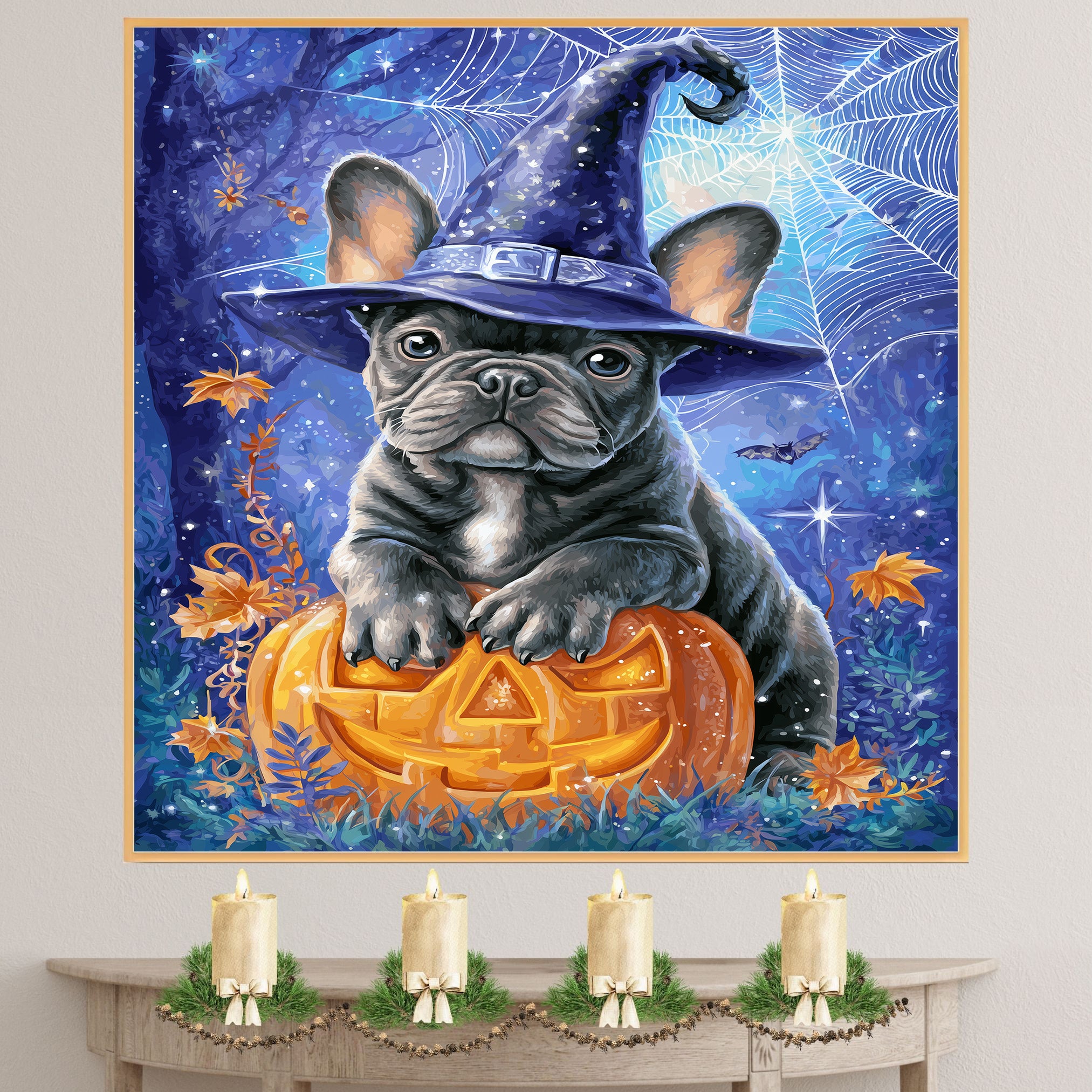 Gray French Bulldog Halloween Puppy Canvas Wall Art Cute Dog Lover Gift for Apartment or Seasonal Home Décor on Ready to Hang 1.5" Thick Canvas Wrap, Floating Framed Canvas, Flat Rolled Canvas