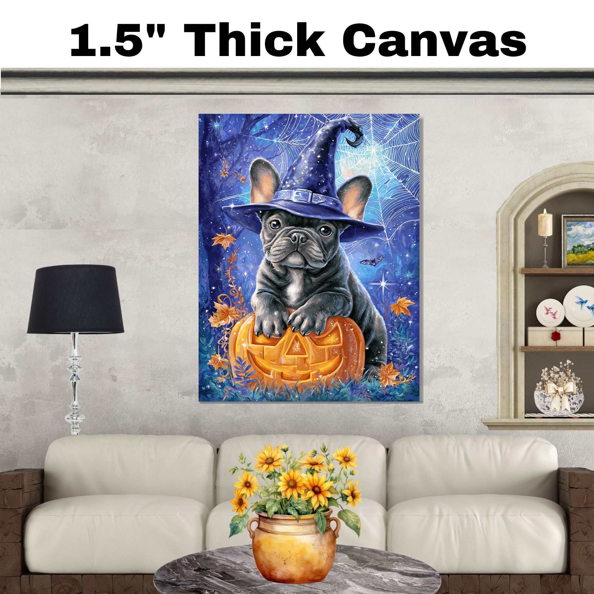 Gray French Bulldog Halloween Puppy Canvas Wall Art Cute Dog Lover Gift for Apartment or Seasonal Home Décor on Ready to Hang 1.5" Thick Canvas Wrap, Floating Framed Canvas, Flat Rolled Canvas