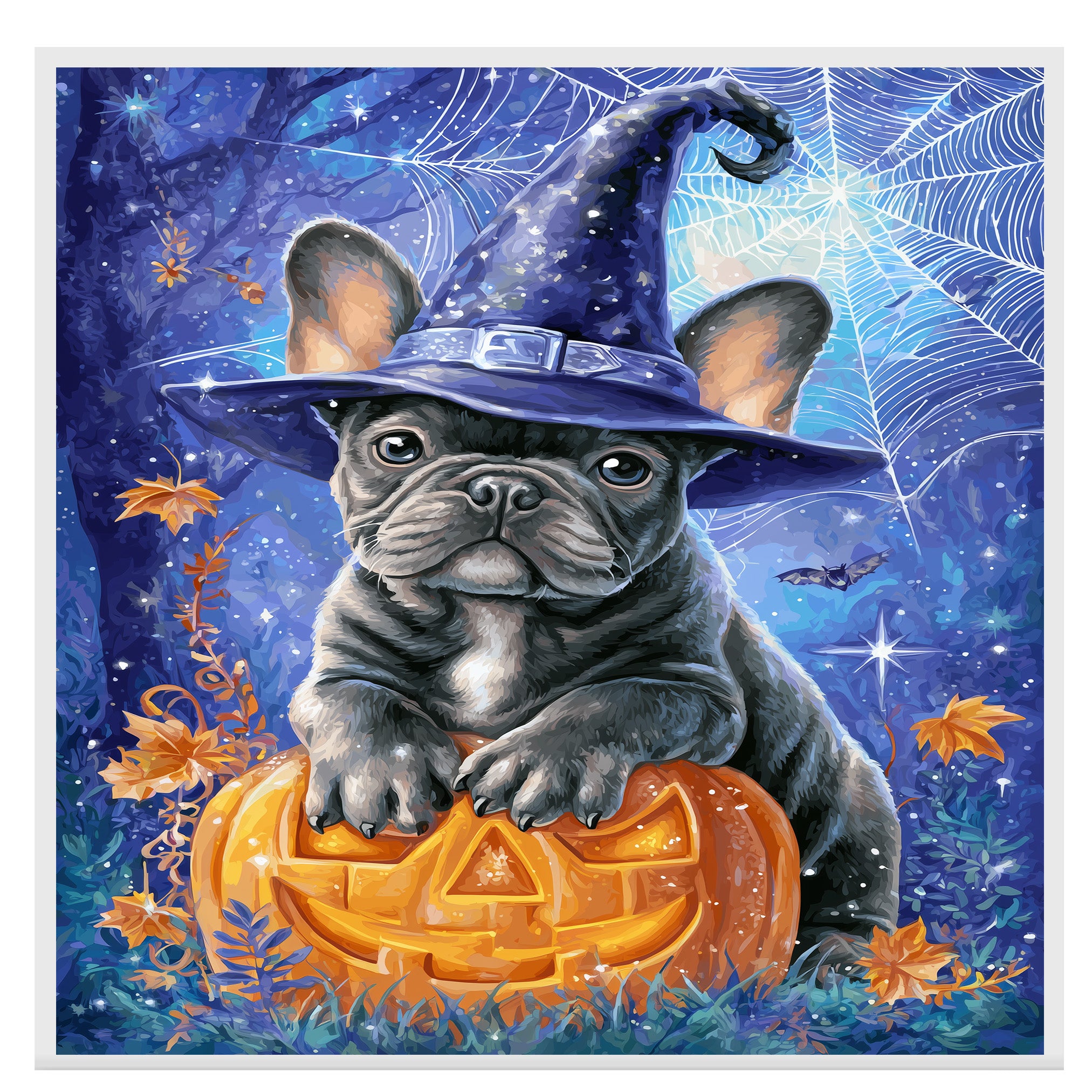 Gray French Bulldog Halloween Puppy Canvas Wall Art Cute Dog Lover Gift for Apartment or Seasonal Home Décor on Ready to Hang 1.5" Thick Canvas Wrap, Floating Framed Canvas, Flat Rolled Canvas