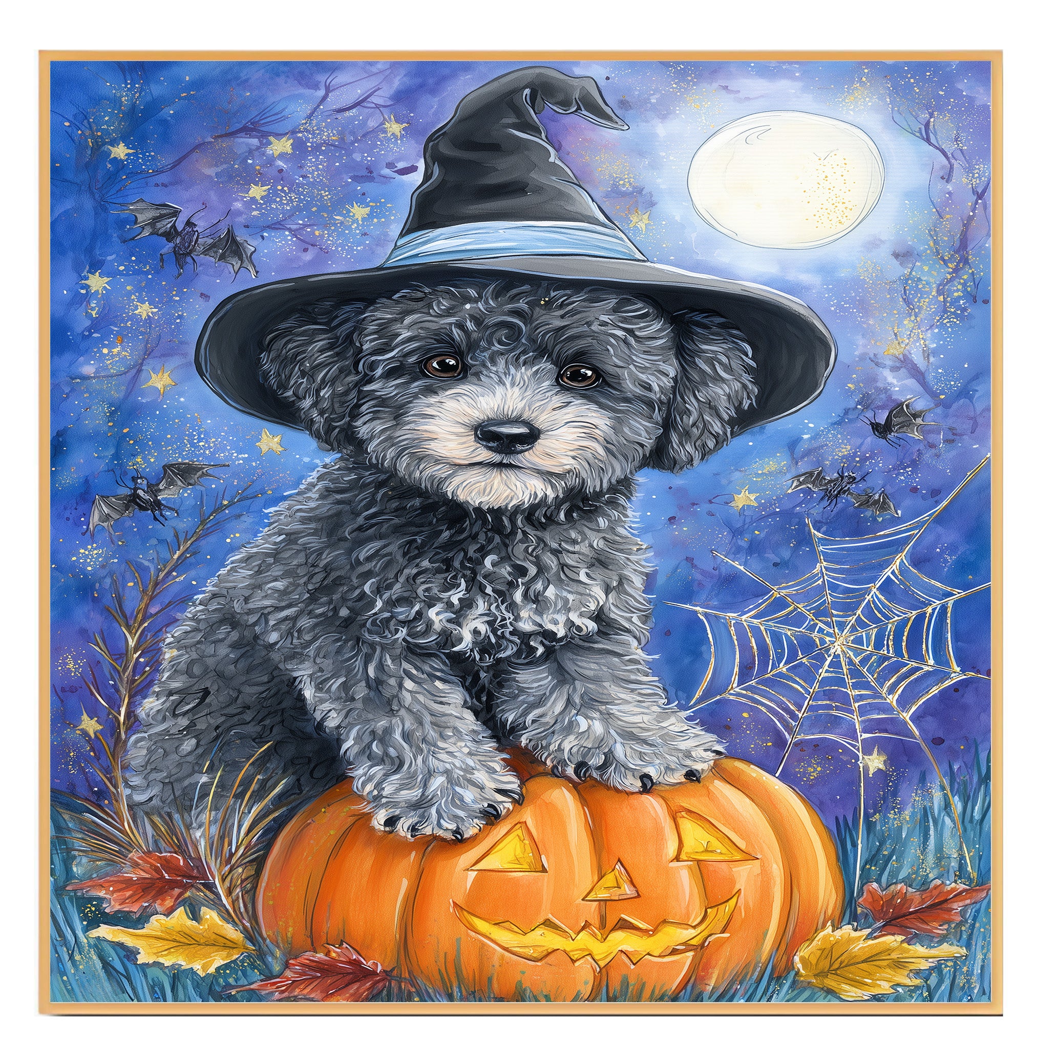Gray Poodle Halloween Puppy Canvas Wall Art Cute Dog Lover Gift for Home Living Room or Seasonal Fall Décor on Ready to Hang 1.5" Thick Canvas Wrap, Floating Framed Canvas, Flat Rolled Canvas