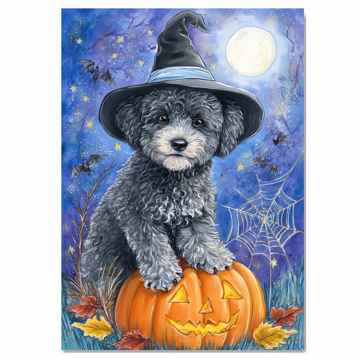 Gray Poodle Halloween Puppy Canvas Wall Art Cute Dog Lover Gift for Home Living Room or Seasonal Fall Décor on Ready to Hang 1.5" Thick Canvas Wrap, Floating Framed Canvas, Flat Rolled Canvas
