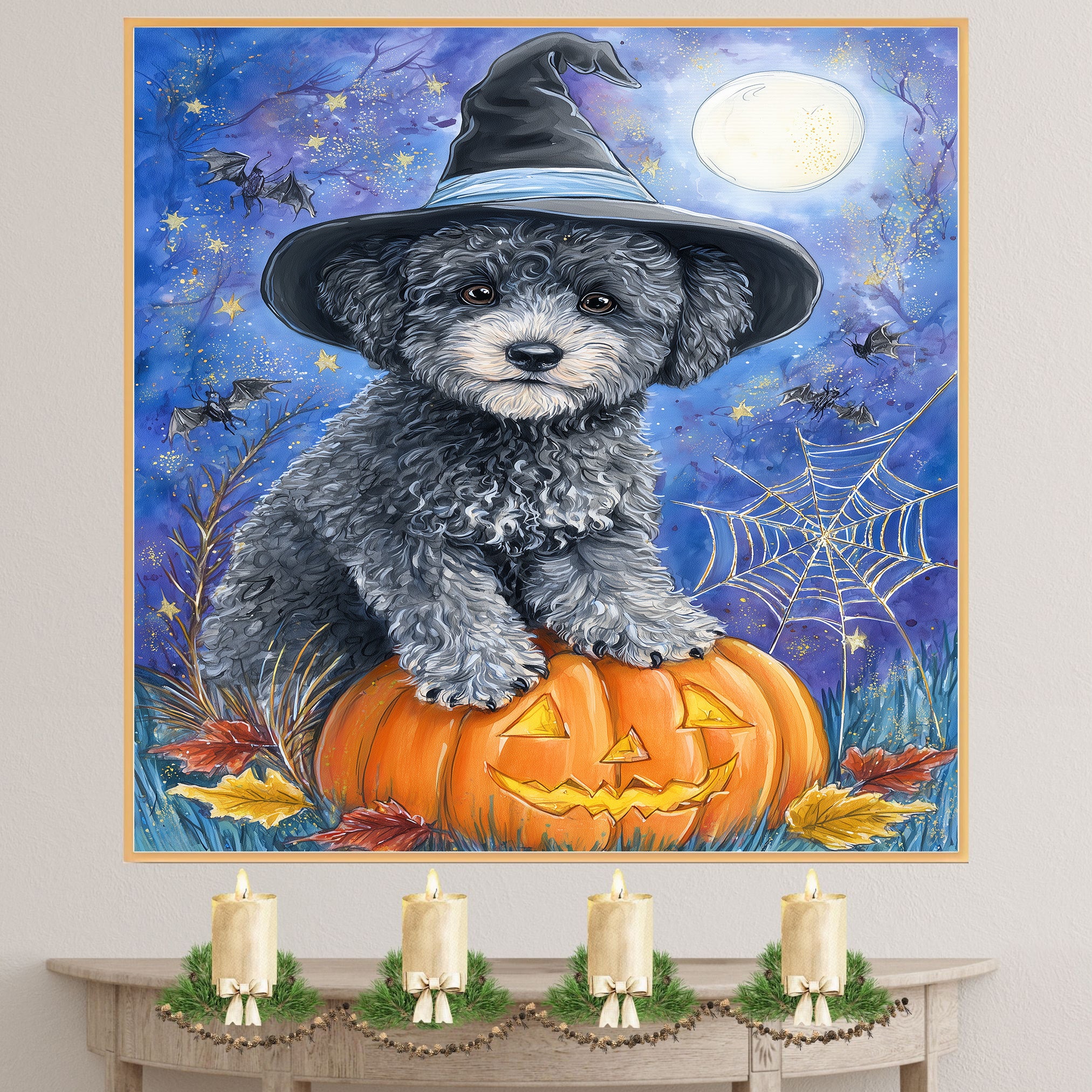 Gray Poodle Halloween Puppy Canvas Wall Art Cute Dog Lover Gift for Home Living Room or Seasonal Fall Décor on Ready to Hang 1.5" Thick Canvas Wrap, Floating Framed Canvas, Flat Rolled Canvas