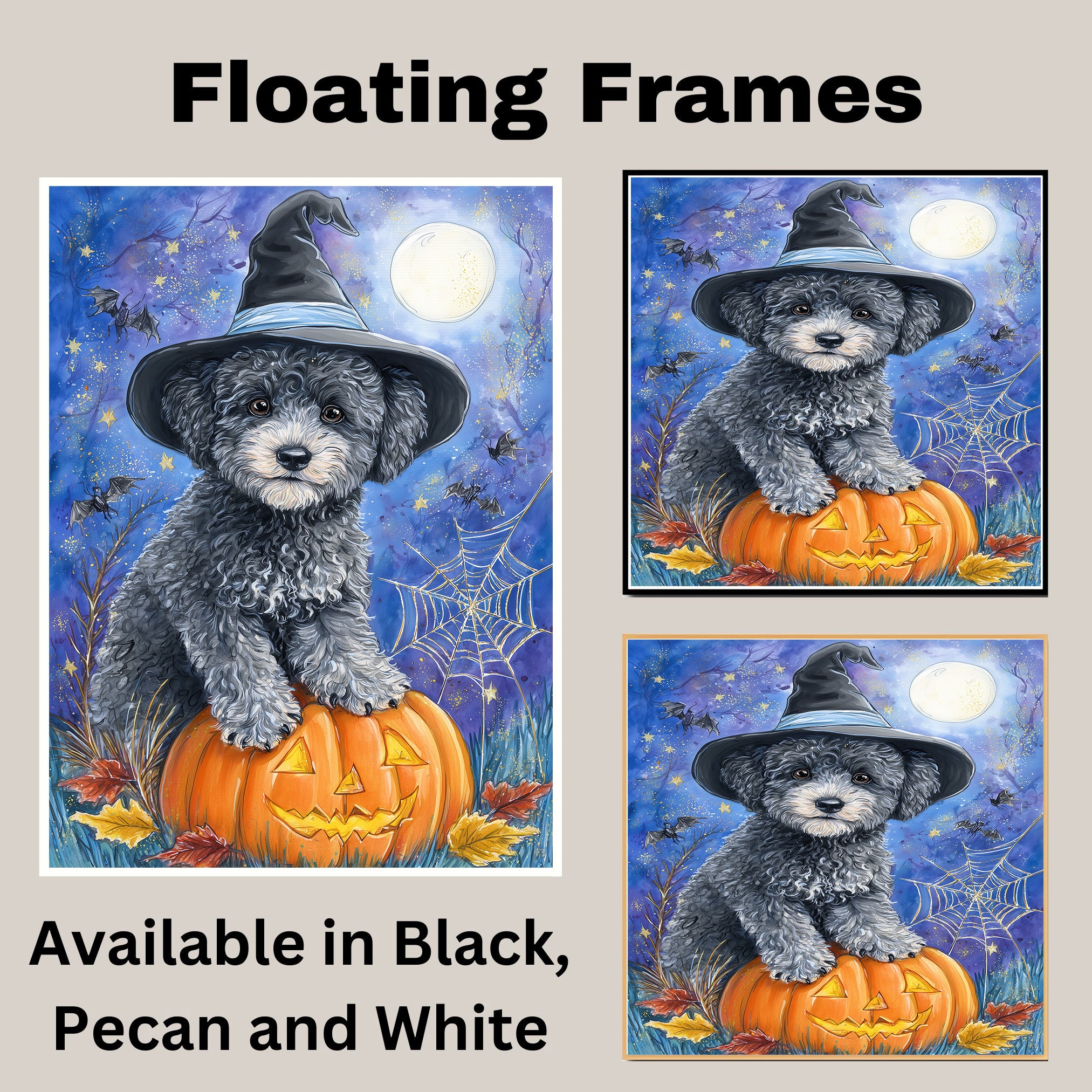 Gray Poodle Halloween Puppy Canvas Wall Art Cute Dog Lover Gift for Home Living Room or Seasonal Fall Décor on Ready to Hang 1.5" Thick Canvas Wrap, Floating Framed Canvas, Flat Rolled Canvas