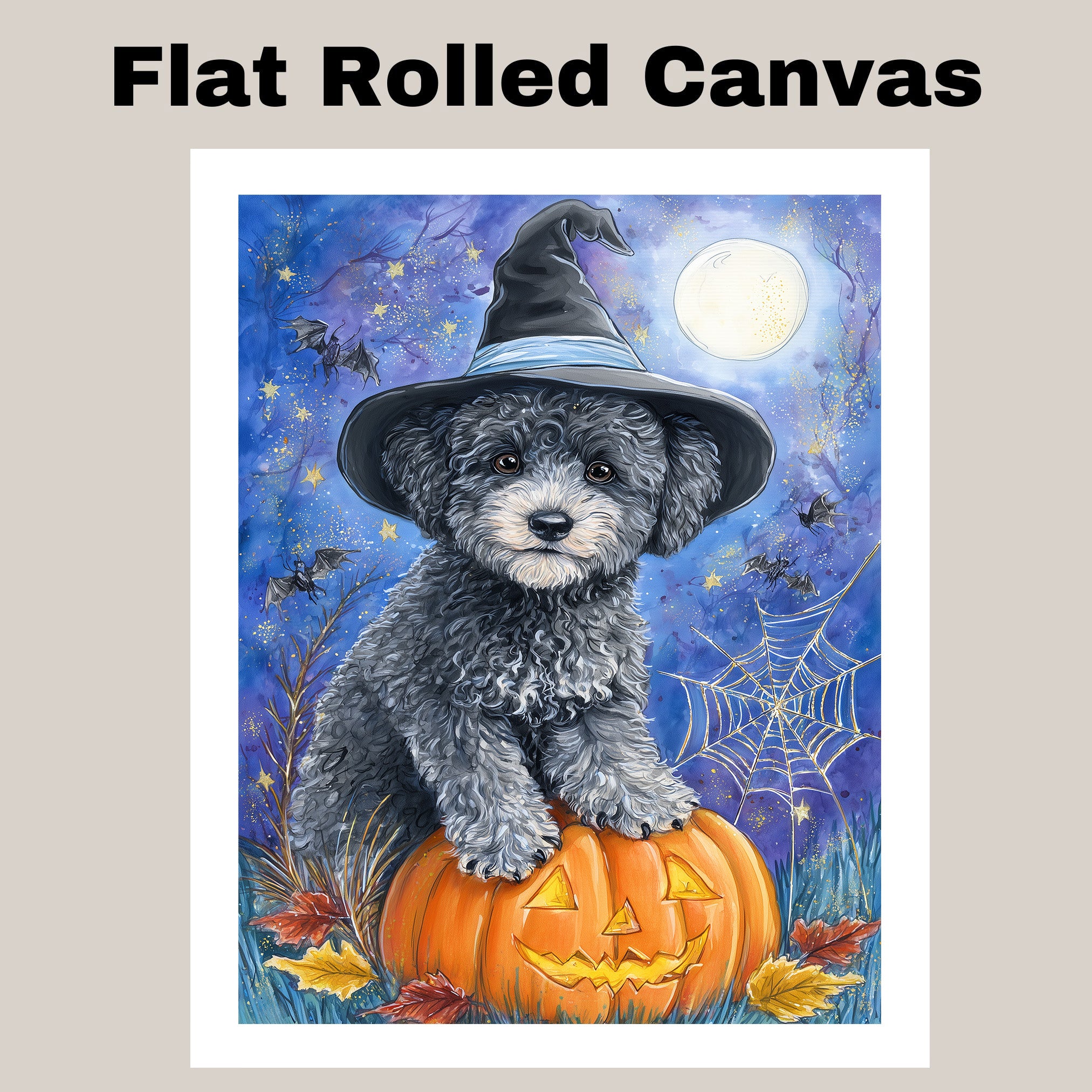 Gray Poodle Halloween Puppy Canvas Wall Art Cute Dog Lover Gift for Home Living Room or Seasonal Fall Décor on Ready to Hang 1.5" Thick Canvas Wrap, Floating Framed Canvas, Flat Rolled Canvas