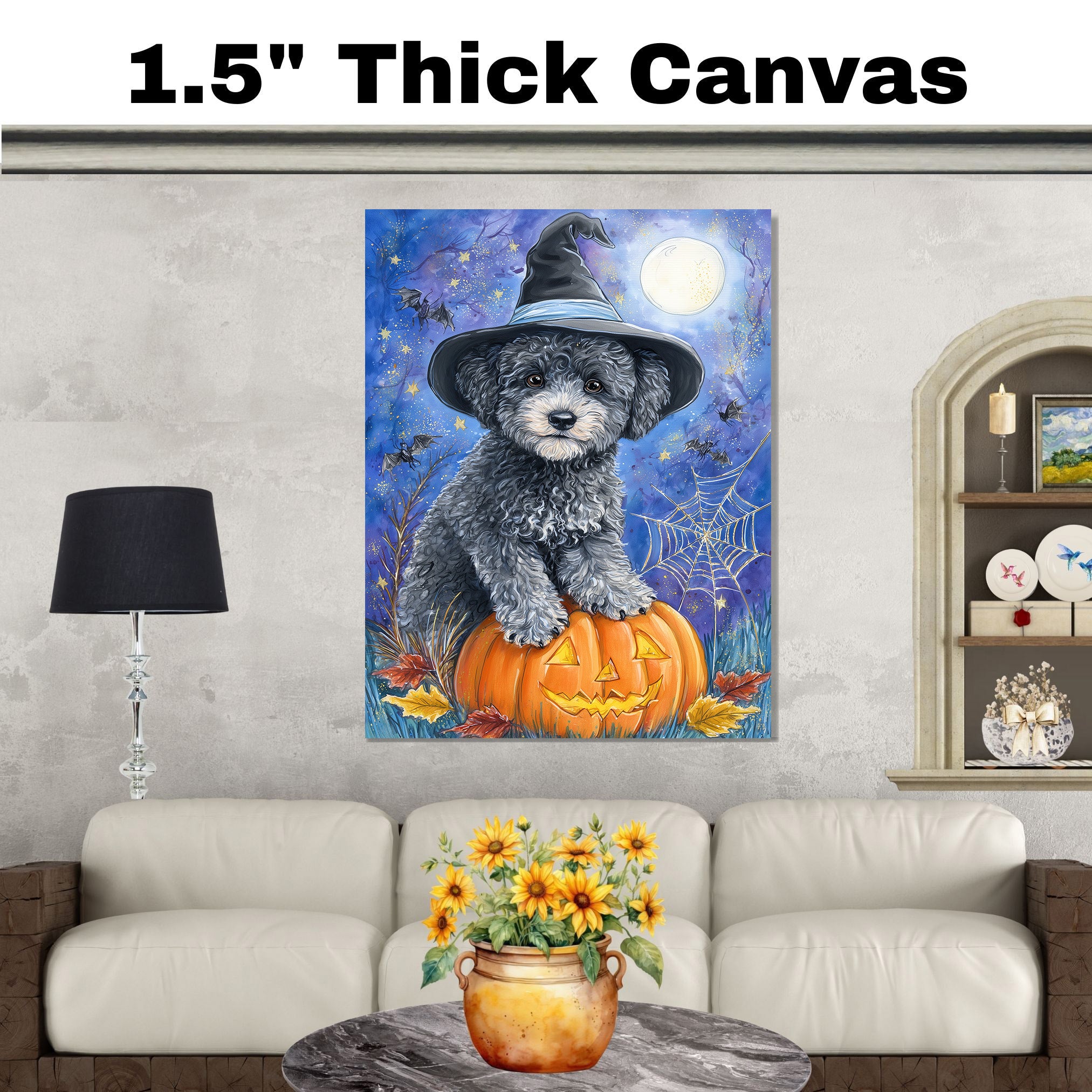 Gray Poodle Halloween Puppy Canvas Wall Art Cute Dog Lover Gift for Home Living Room or Seasonal Fall Décor on Ready to Hang 1.5" Thick Canvas Wrap, Floating Framed Canvas, Flat Rolled Canvas
