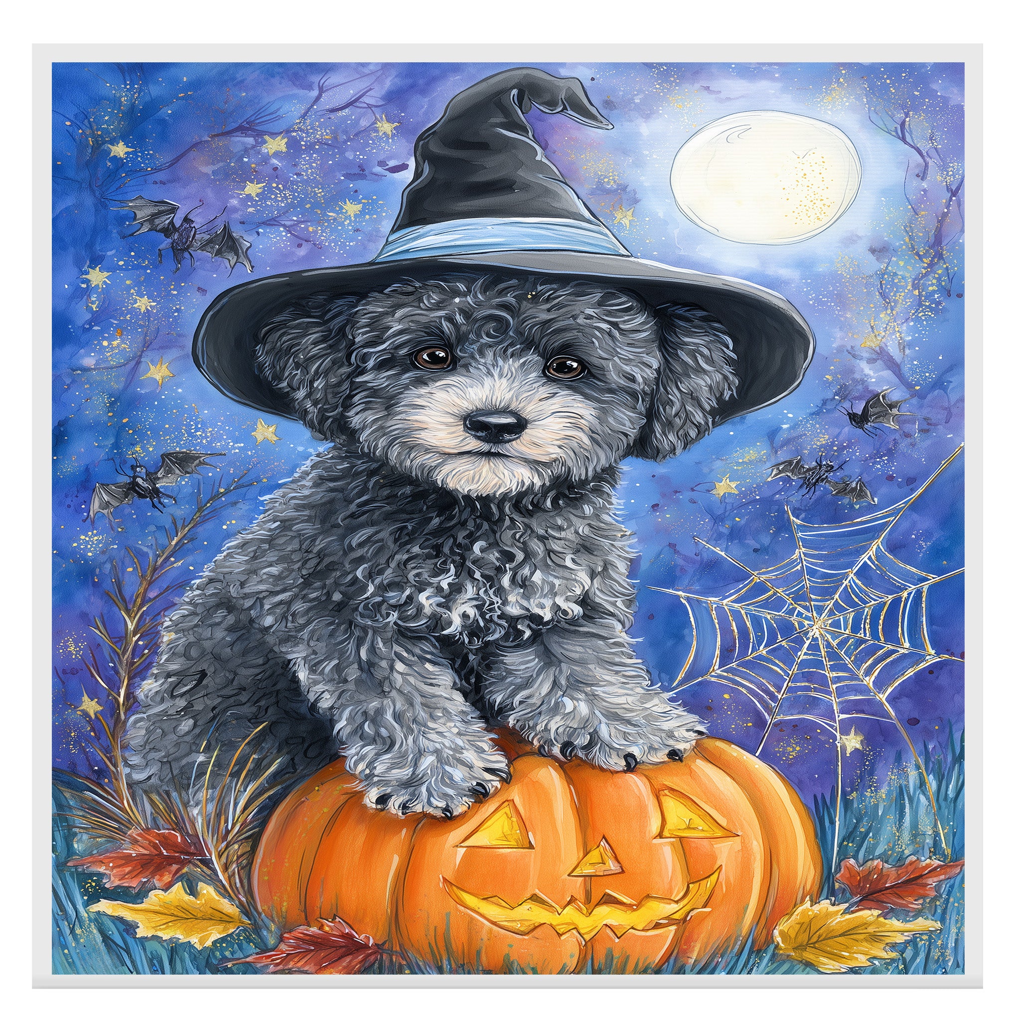 Gray Poodle Halloween Puppy Canvas Wall Art Cute Dog Lover Gift for Home Living Room or Seasonal Fall Décor on Ready to Hang 1.5" Thick Canvas Wrap, Floating Framed Canvas, Flat Rolled Canvas