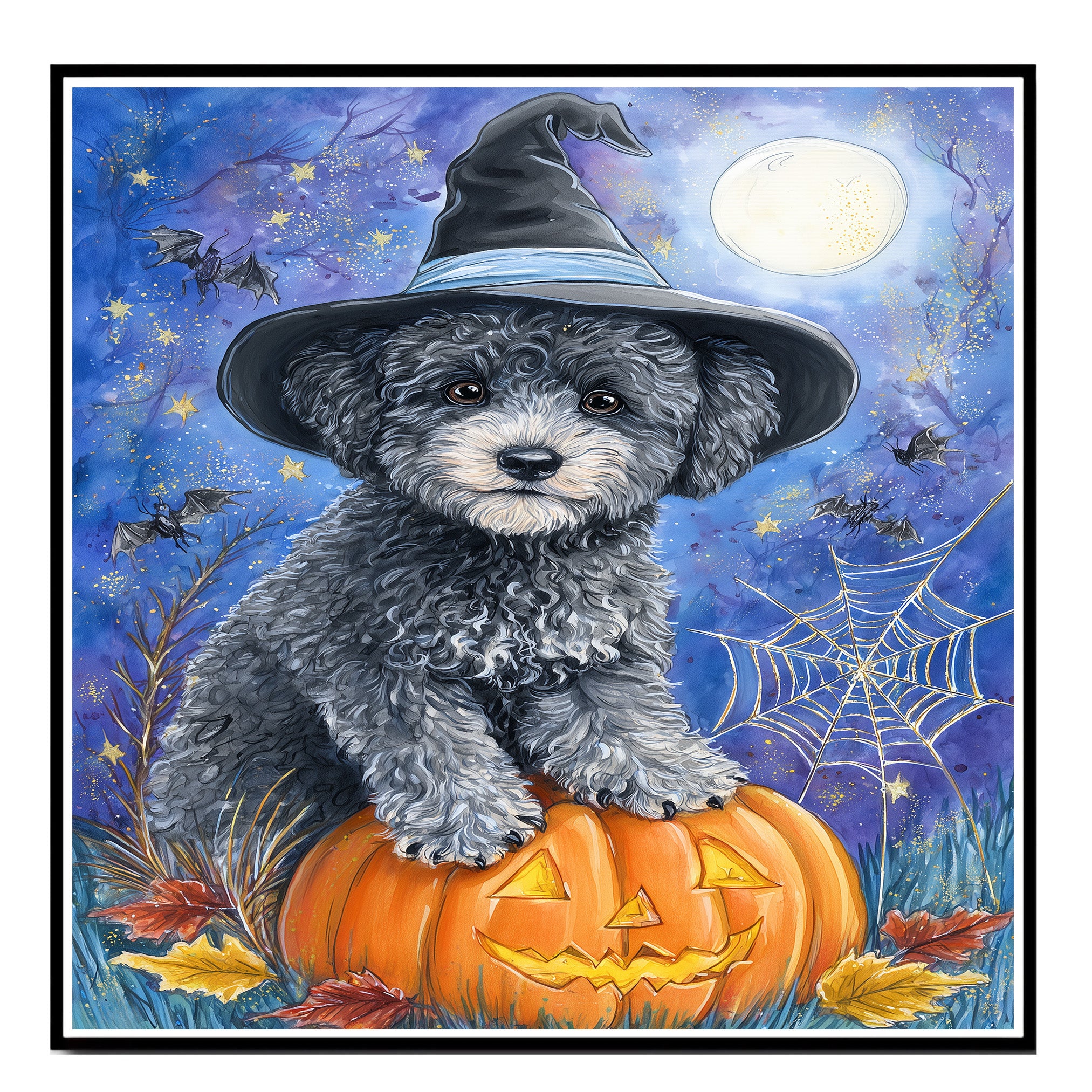 Gray Poodle Halloween Puppy Canvas Wall Art Cute Dog Lover Gift for Home Living Room or Seasonal Fall Décor on Ready to Hang 1.5" Thick Canvas Wrap, Floating Framed Canvas, Flat Rolled Canvas