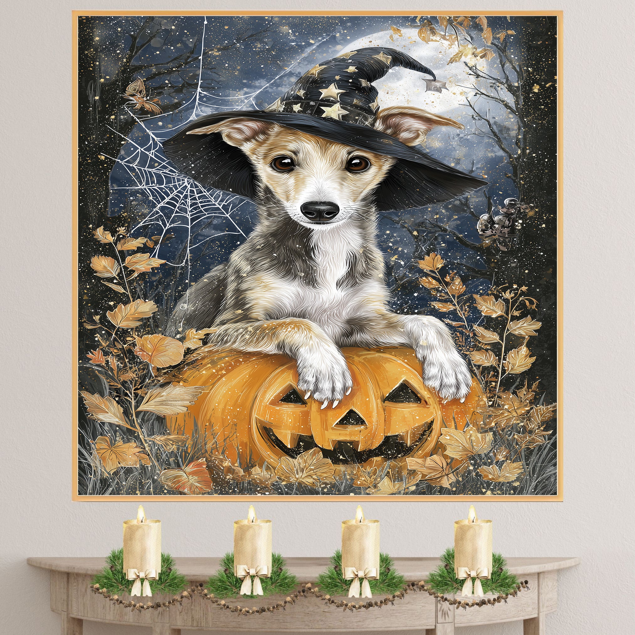 Greyhound Halloween Puppy Canvas Wall Art Cute Dog Lover Gift for Home Living Room or Seasonal Fall Décor on Ready to Hang 1.5" Thick Canvas Wrap, Floating Framed Canvas, Flat Rolled Canvas