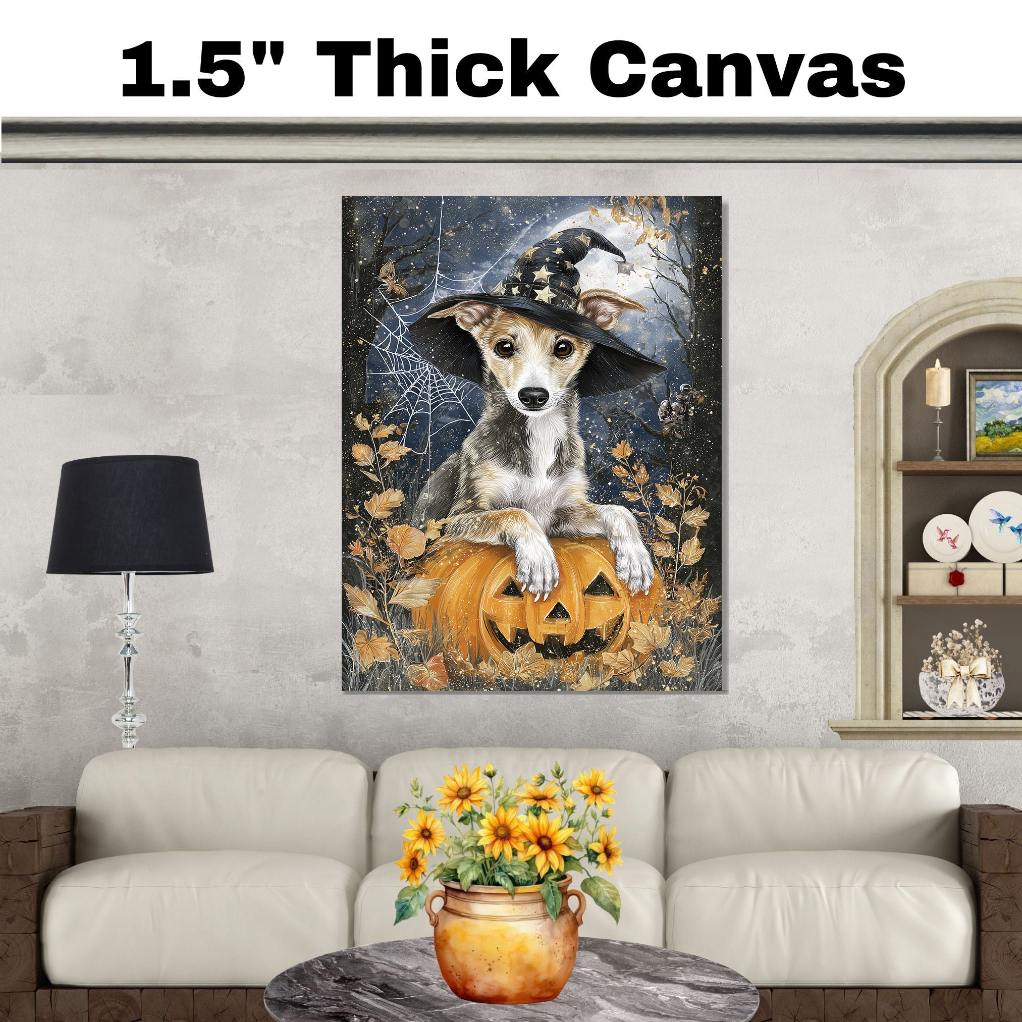 Greyhound Halloween Puppy Canvas Wall Art Cute Dog Lover Gift for Home Living Room or Seasonal Fall Décor on Ready to Hang 1.5" Thick Canvas Wrap, Floating Framed Canvas, Flat Rolled Canvas