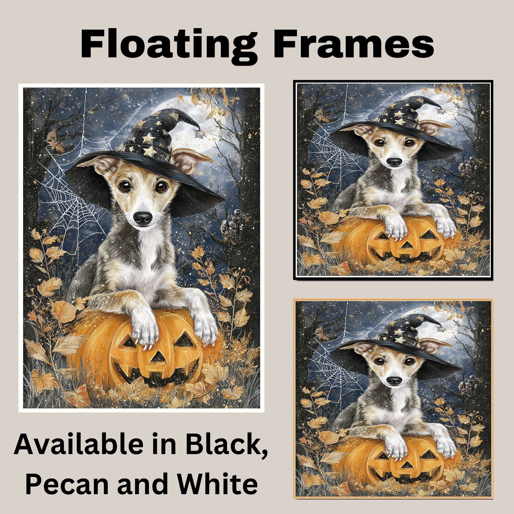 Greyhound Halloween Puppy Canvas Wall Art Cute Dog Lover Gift for Home Living Room or Seasonal Fall Décor on Ready to Hang 1.5" Thick Canvas Wrap, Floating Framed Canvas, Flat Rolled Canvas