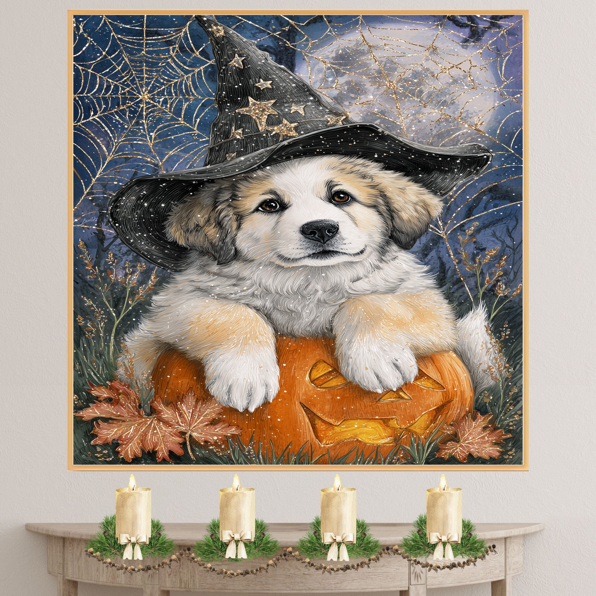 Great Pyrenees Halloween Puppy Canvas Wall Art Dog Lover Gift for Fall Seasonal Home or Living Room Decoration on Ready to Hang 1.5" Thick Canvas Wrap, Floating Framed Canvas, Flat Rolled Canvas