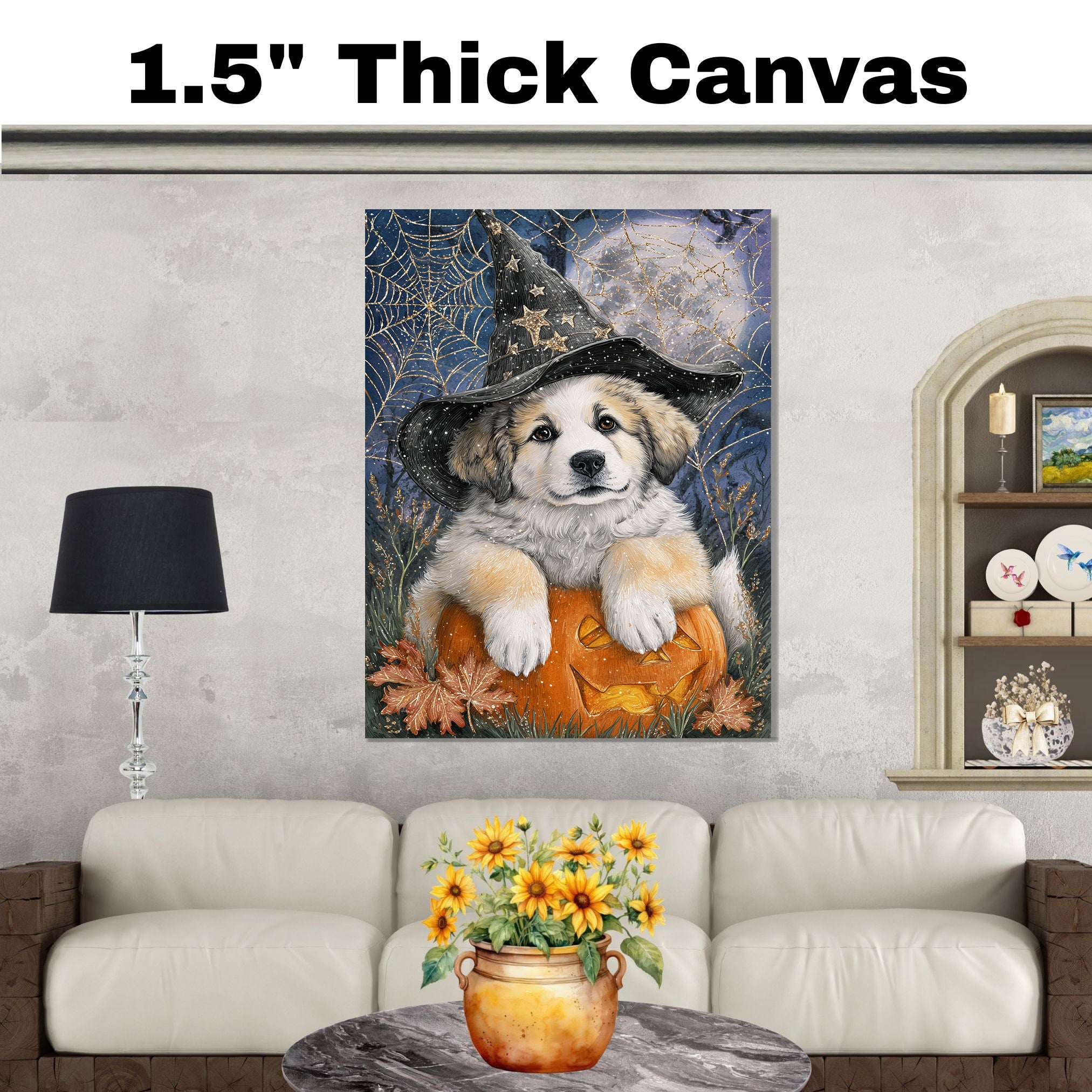 Great Pyrenees Halloween Puppy Canvas Wall Art Dog Lover Gift for Fall Seasonal Home or Living Room Decoration on Ready to Hang 1.5" Thick Canvas Wrap, Floating Framed Canvas, Flat Rolled Canvas