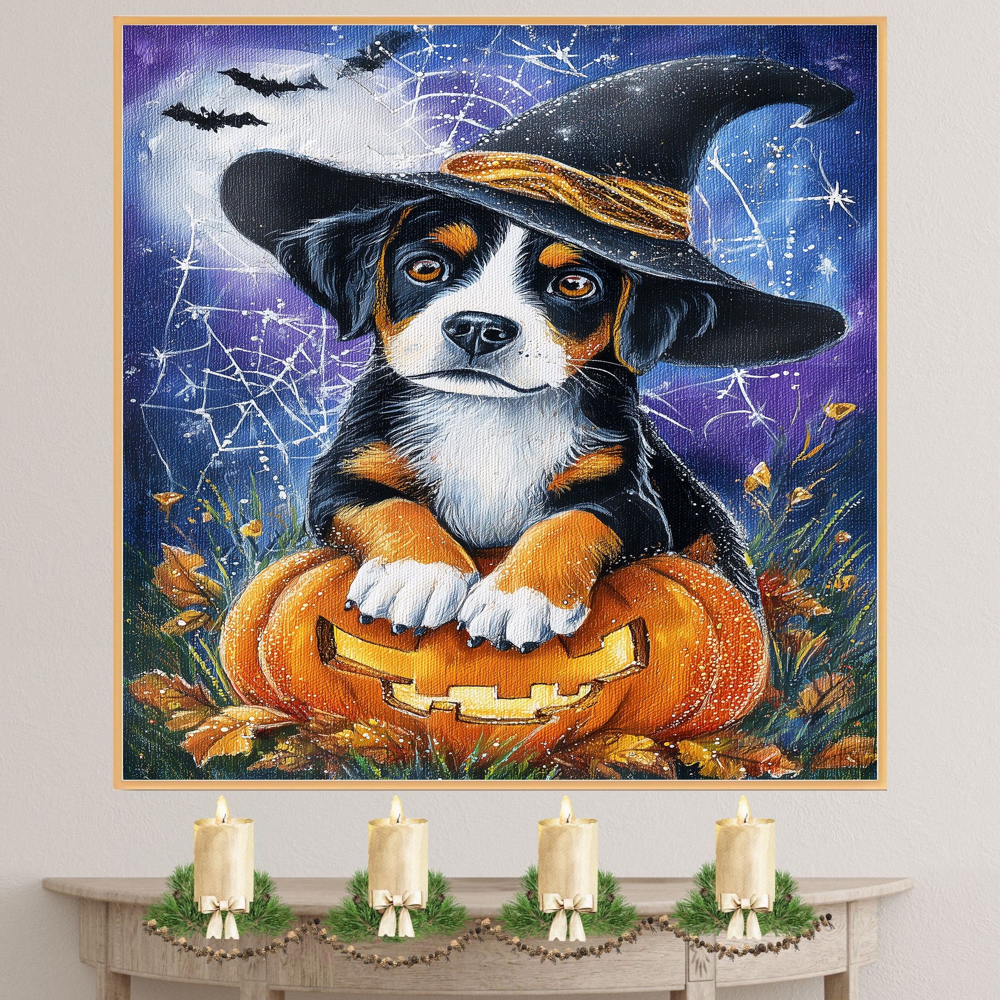 Greater Swiss Mountain Dog Halloween Puppy Canvas Wall Art Dog Lover Gift for Fall Seasonal Home Decoration on Ready to Hang 1.5" Thick Canvas Wrap, Floating Framed Canvas, Flat Rolled Canvas